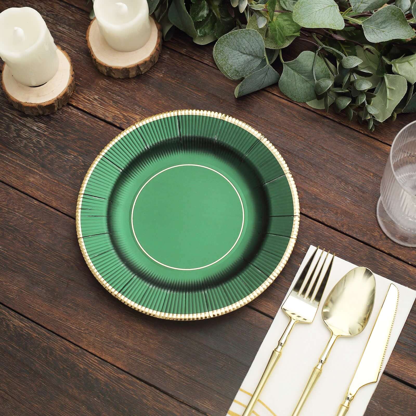 25-Pack Paper Round Dessert Plates 8" Hunter Emerald Green Sunray Design with Gold Rim - 350GSM Heavy Duty Disposable Appetizer Salad Plates - Image 13