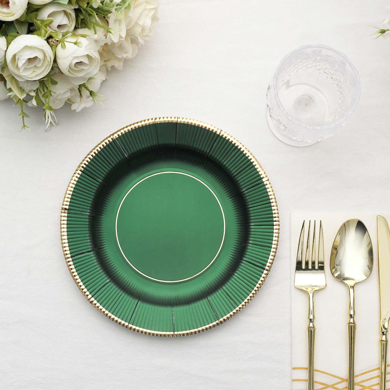 25-Pack Paper Round Dessert Plates 8" Hunter Emerald Green Sunray Design with Gold Rim - 350GSM Heavy Duty Disposable Appetizer Salad Plates - Image 14