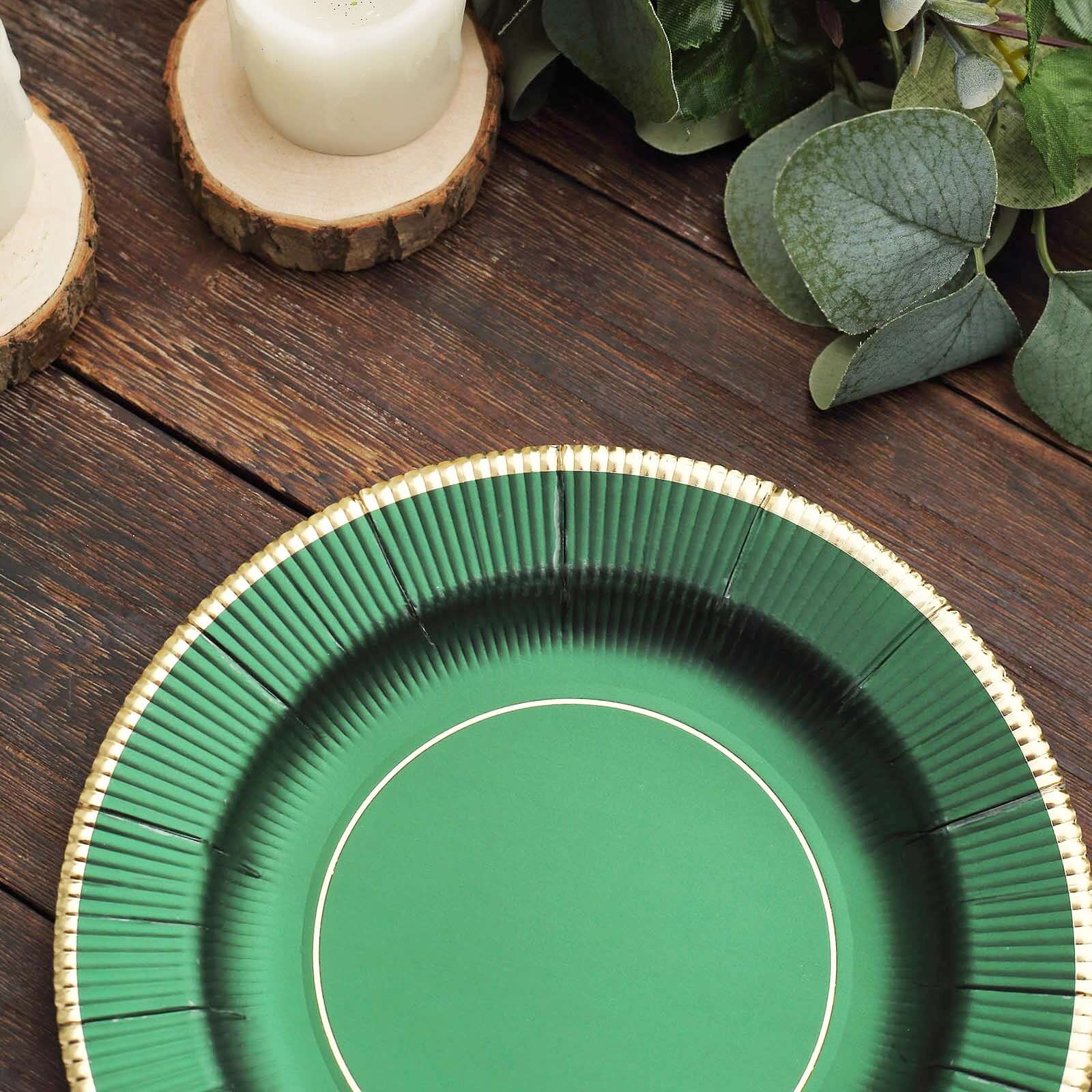25-Pack Paper Round Dessert Plates 8" Hunter Emerald Green Sunray Design with Gold Rim - 350GSM Heavy Duty Disposable Appetizer Salad Plates - Image 15
