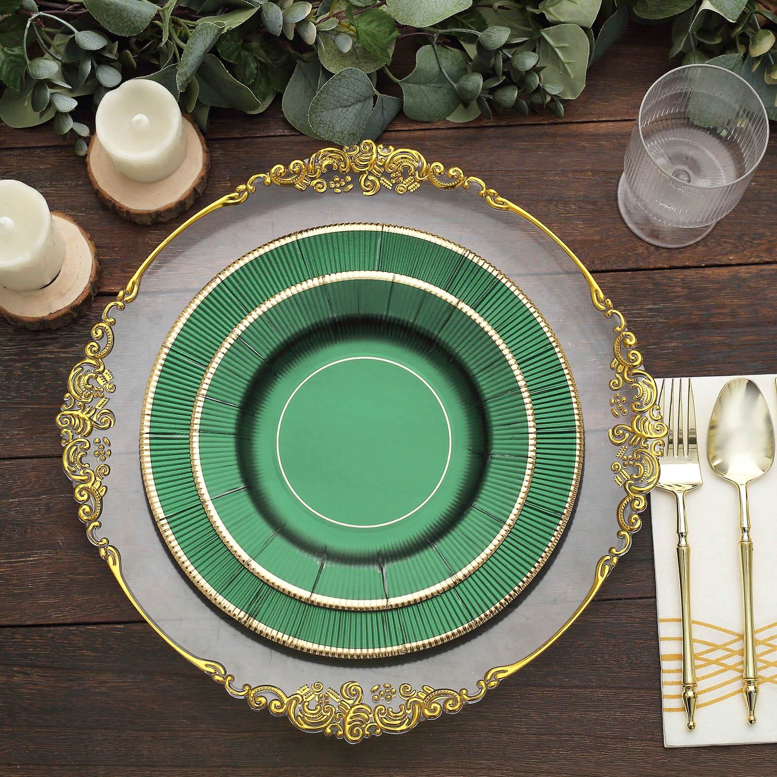 25-Pack Paper Round Dessert Plates 8" Hunter Emerald Green Sunray Design with Gold Rim - 350GSM Heavy Duty Disposable Appetizer Salad Plates - Image 2