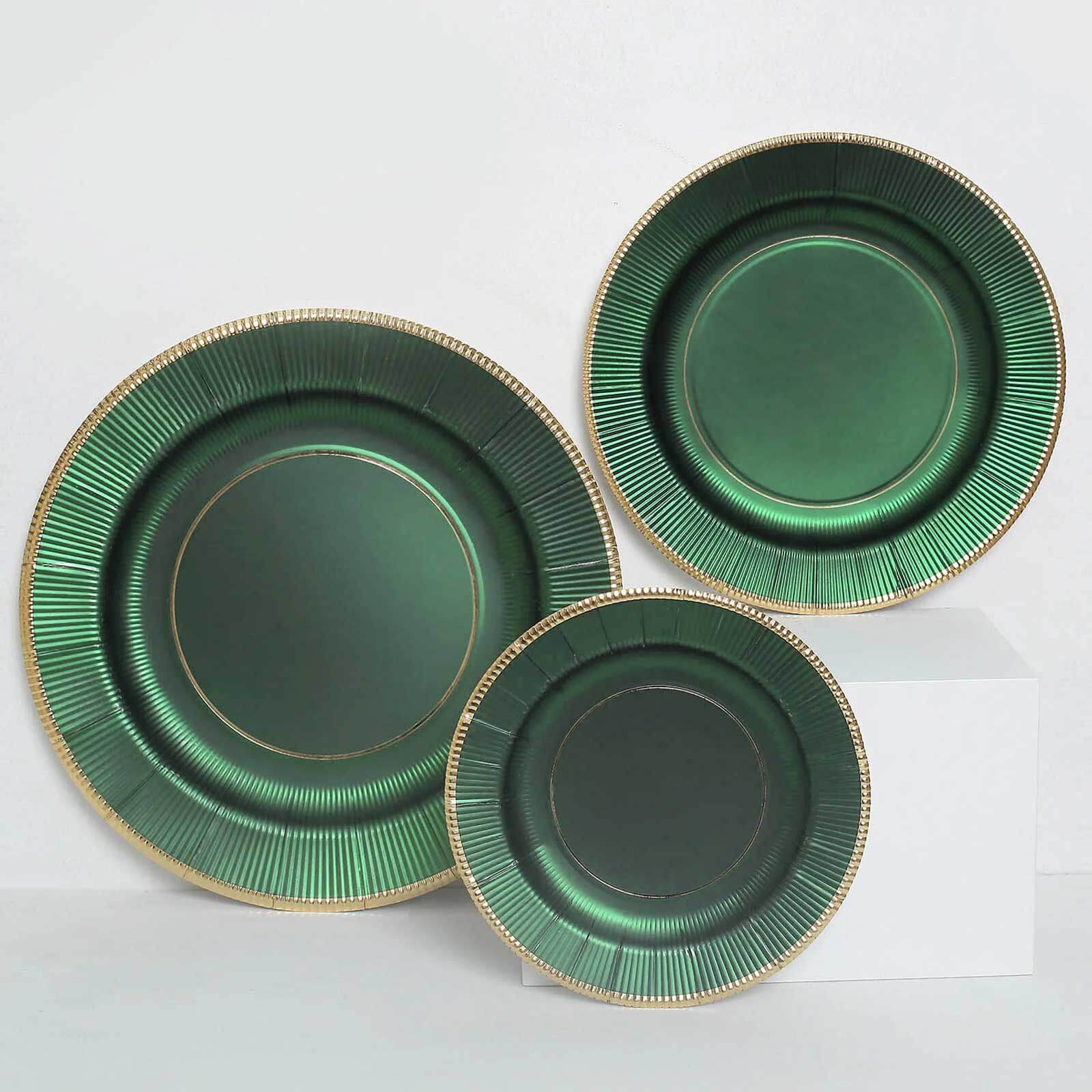 25-Pack Paper Round Dessert Plates 8" Hunter Emerald Green Sunray Design with Gold Rim - 350GSM Heavy Duty Disposable Appetizer Salad Plates - Image 6
