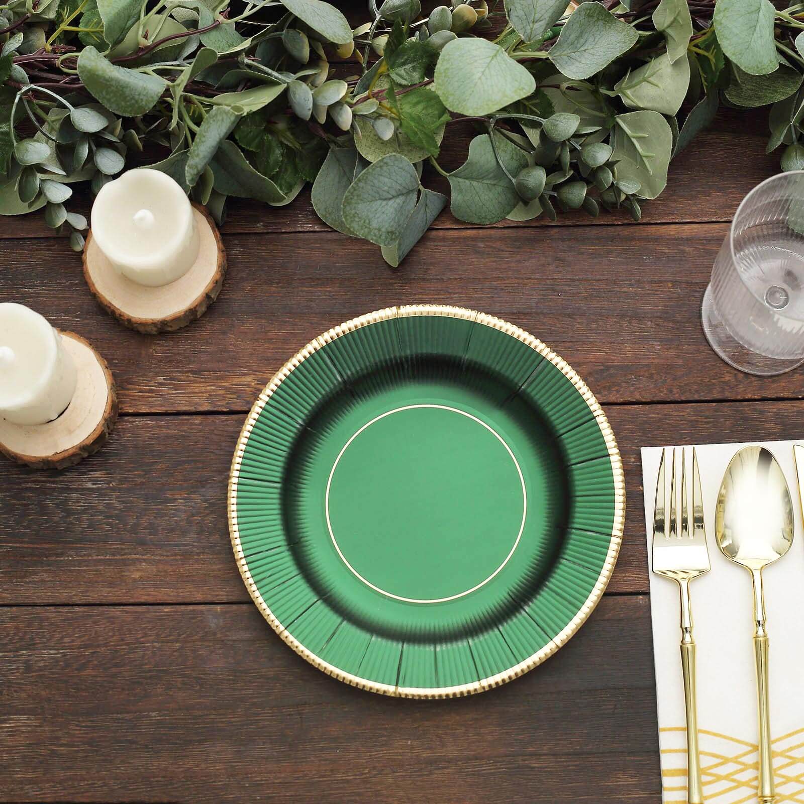 25-Pack Paper Round Dessert Plates 8" Hunter Emerald Green Sunray Design with Gold Rim - 350GSM Heavy Duty Disposable Appetizer Salad Plates - Image 8
