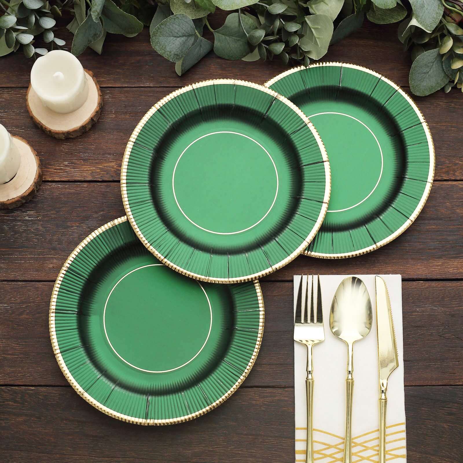 25-Pack Paper Round Dessert Plates 8" Hunter Emerald Green Sunray Design with Gold Rim - 350GSM Heavy Duty Disposable Appetizer Salad Plates - Image 9