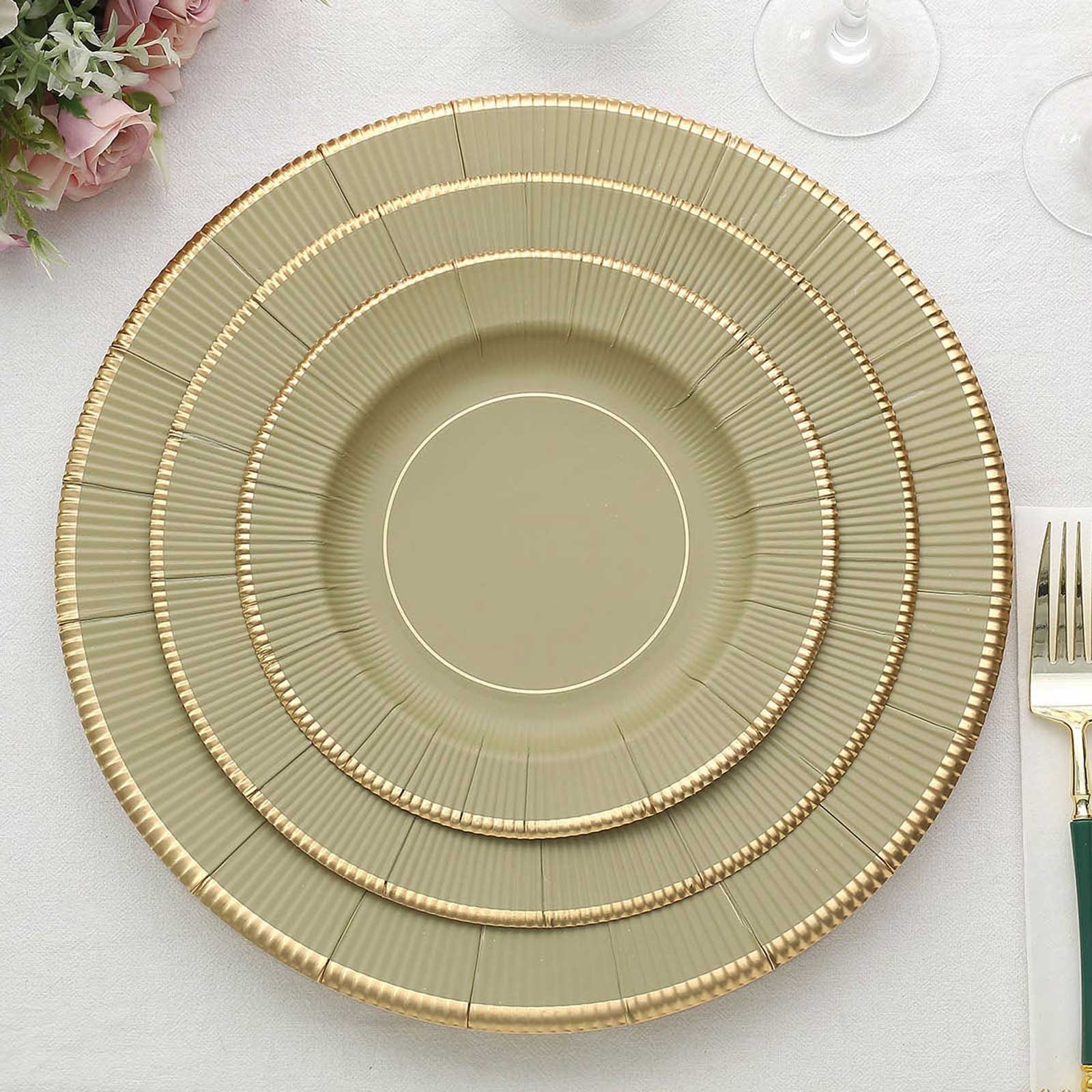 25-Pack Paper Round Dessert Plates 8" Khaki Sunray Design with Gold Rim - 350GSM Heavy Duty Disposable Appetizer Salad Plates