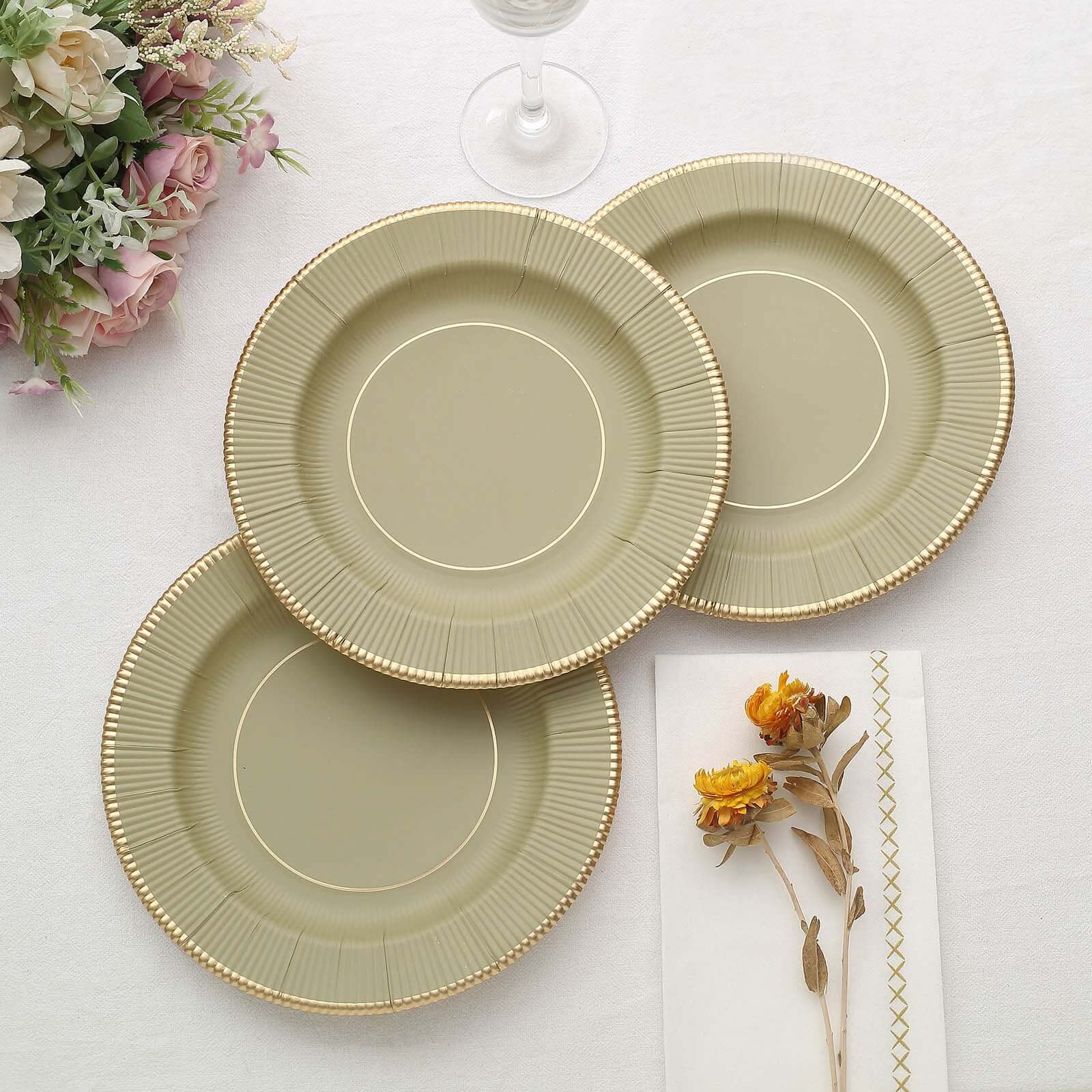 25-Pack Paper Round Dessert Plates 8" Khaki Sunray Design with Gold Rim - 350GSM Heavy Duty Disposable Appetizer Salad Plates - Image 10