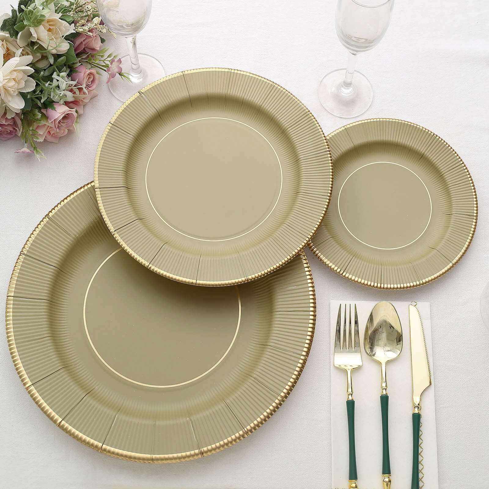 25-Pack Paper Round Dessert Plates 8" Khaki Sunray Design with Gold Rim - 350GSM Heavy Duty Disposable Appetizer Salad Plates - Image 2