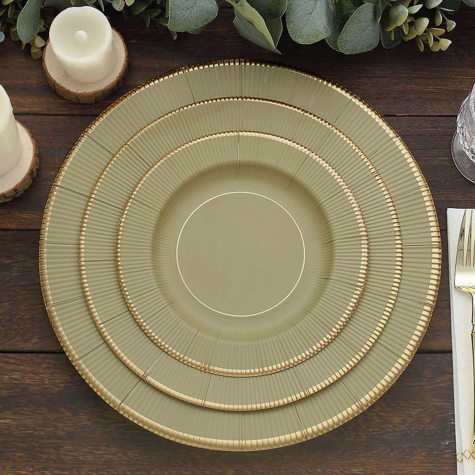 25-Pack Paper Round Dessert Plates 8" Khaki Sunray Design with Gold Rim - 350GSM Heavy Duty Disposable Appetizer Salad Plates - Image 6