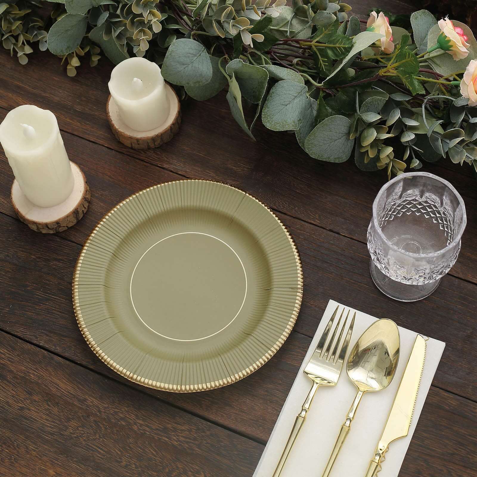 25-Pack Paper Round Dessert Plates 8" Khaki Sunray Design with Gold Rim - 350GSM Heavy Duty Disposable Appetizer Salad Plates - Image 7