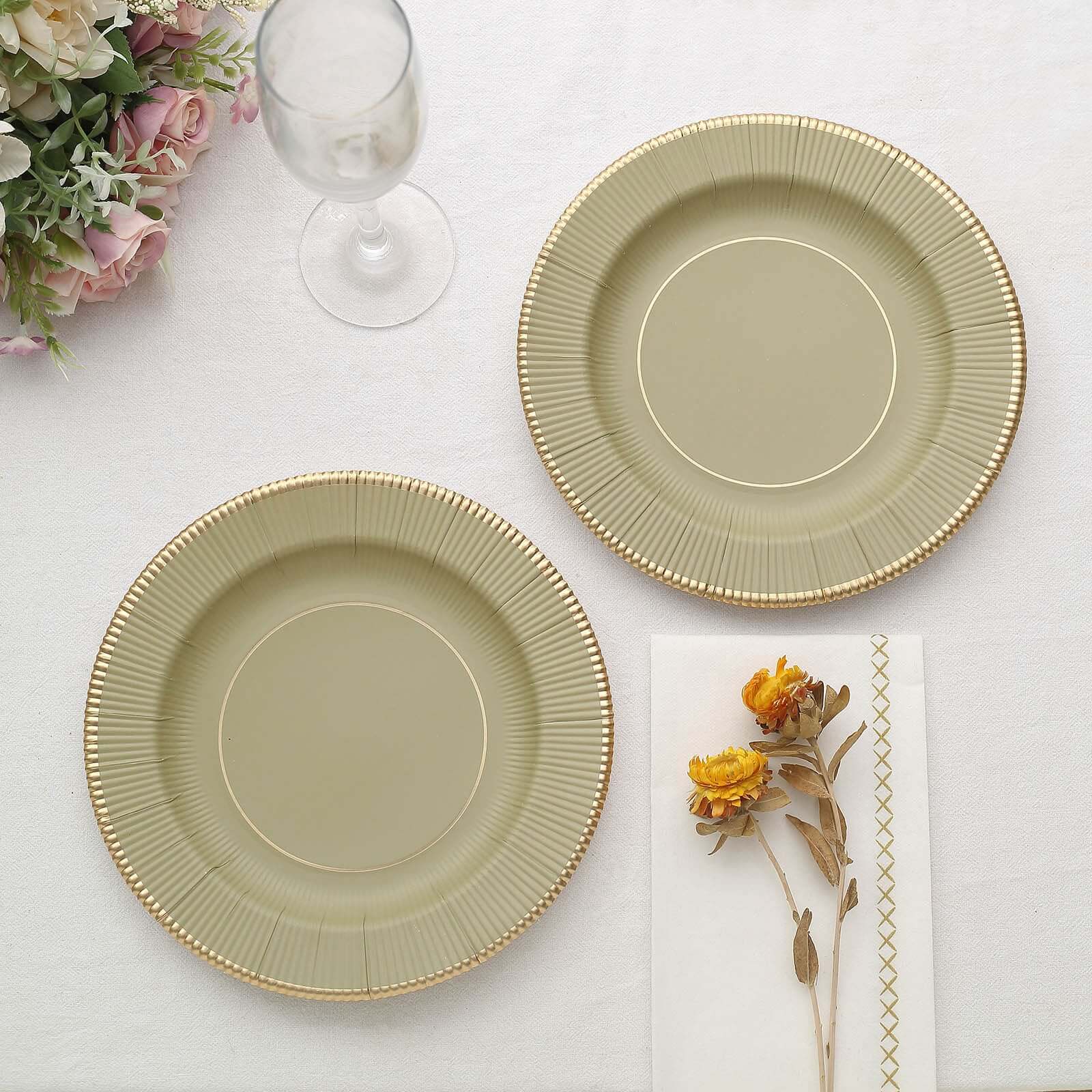 25-Pack Paper Round Dessert Plates 8" Khaki Sunray Design with Gold Rim - 350GSM Heavy Duty Disposable Appetizer Salad Plates - Image 9