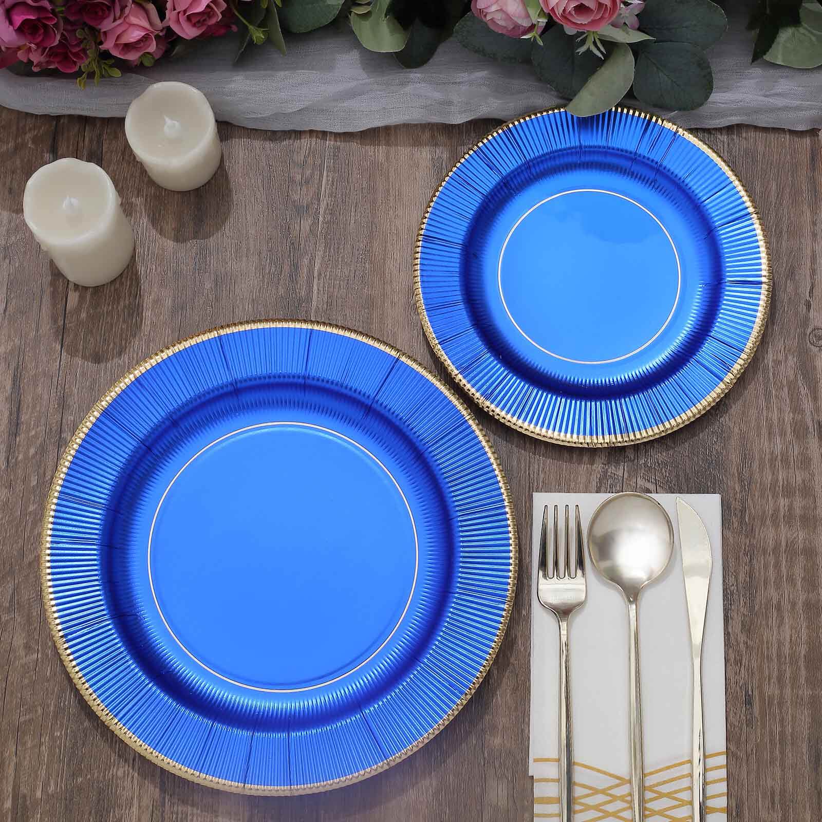 25-Pack Paper Round Dessert Plates 8" Royal Blue Sunray Design with Gold Rim - 350GSM Heavy Duty Disposable Appetizer Salad Plates - Image 10