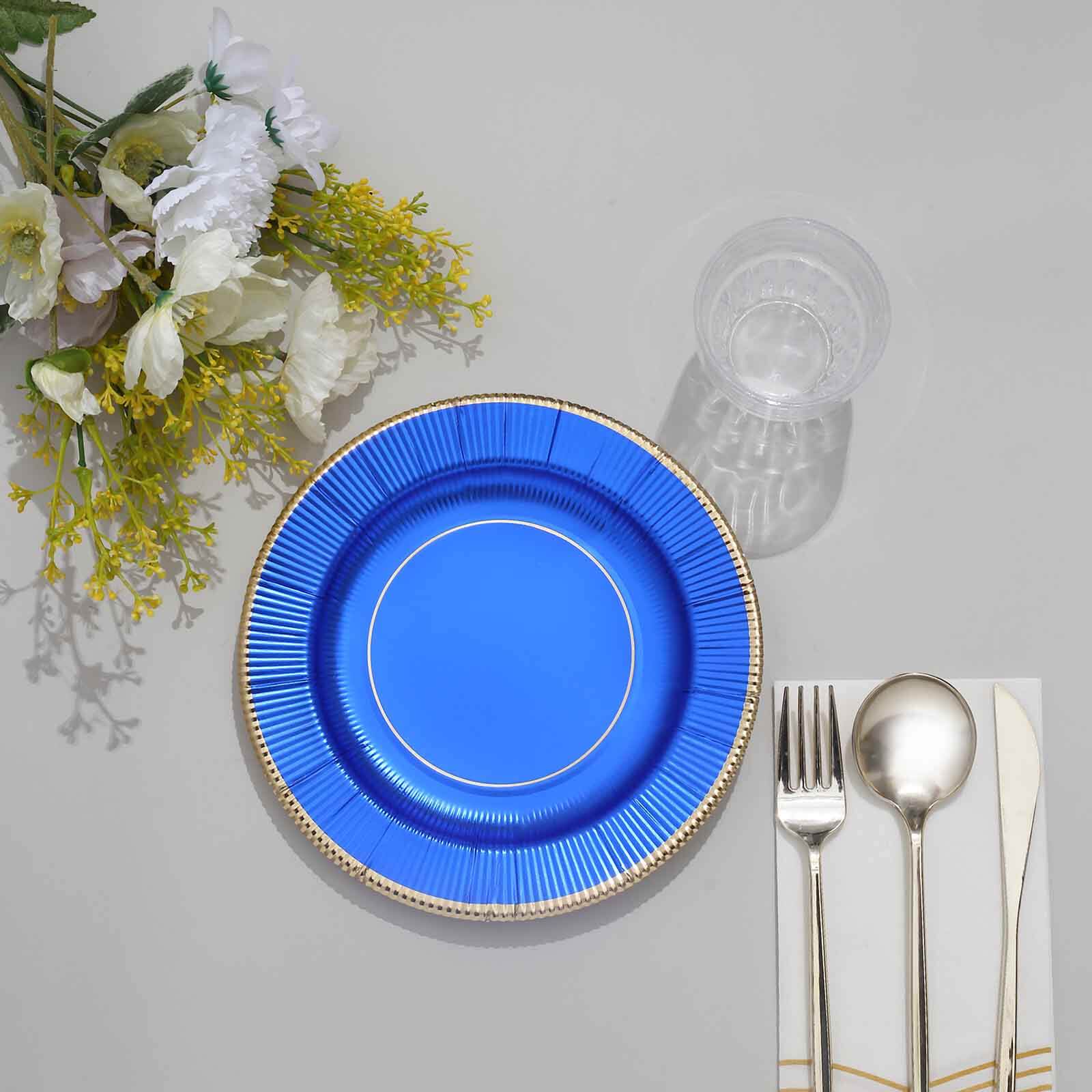 25-Pack Paper Round Dessert Plates 8" Royal Blue Sunray Design with Gold Rim - 350GSM Heavy Duty Disposable Appetizer Salad Plates - Image 11