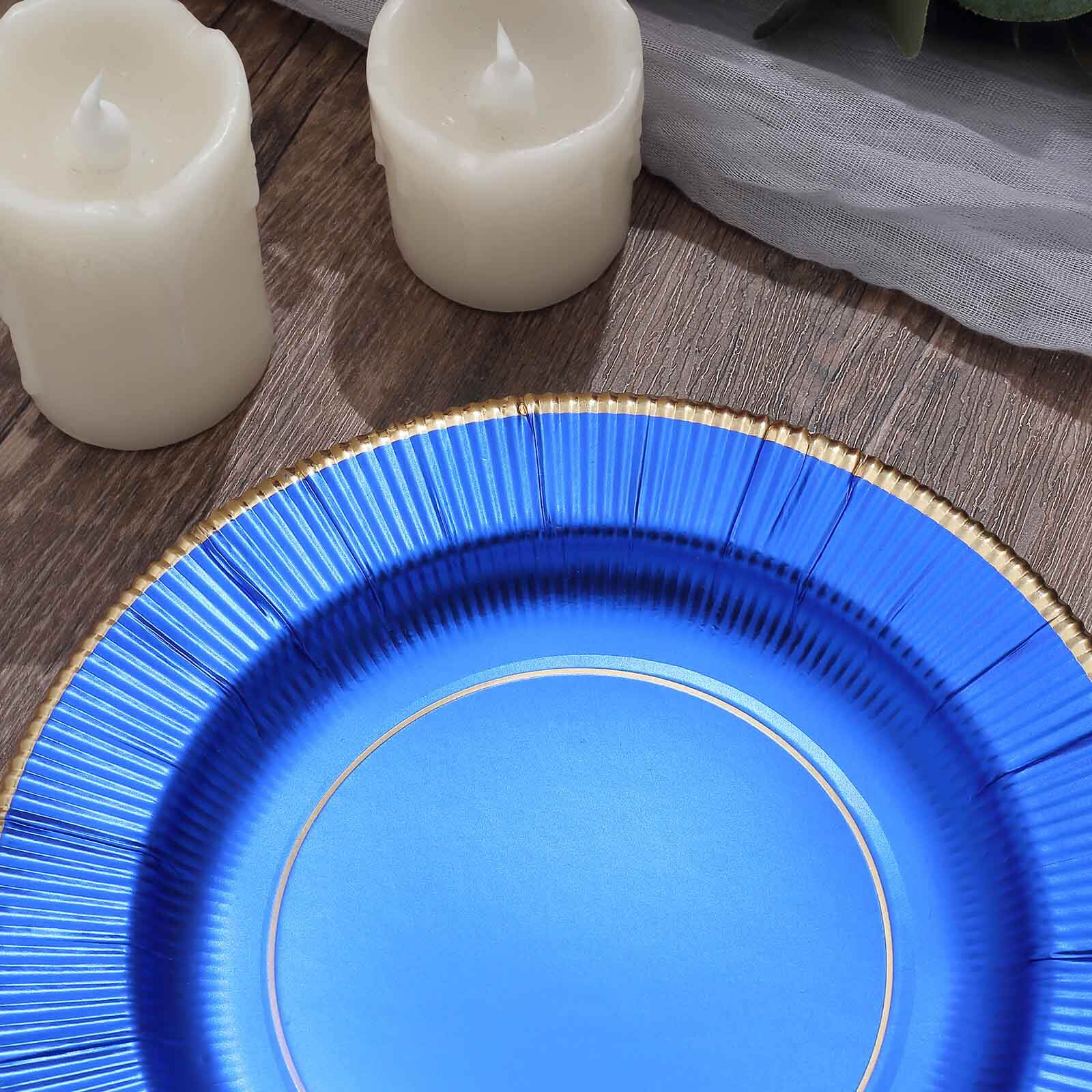 25-Pack Paper Round Dessert Plates 8" Royal Blue Sunray Design with Gold Rim - 350GSM Heavy Duty Disposable Appetizer Salad Plates - Image 13
