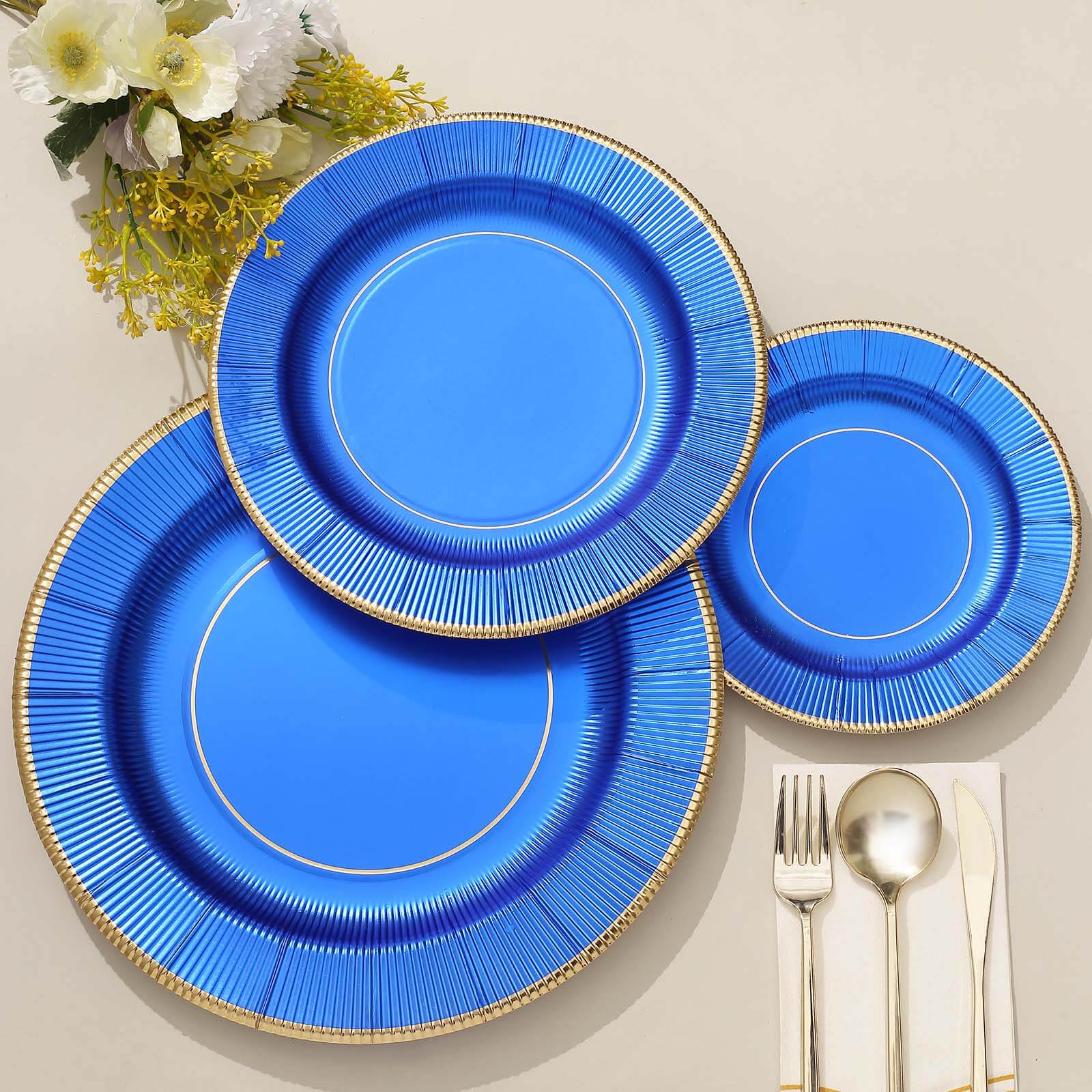 25-Pack Paper Round Dessert Plates 8" Royal Blue Sunray Design with Gold Rim - 350GSM Heavy Duty Disposable Appetizer Salad Plates - Image 14