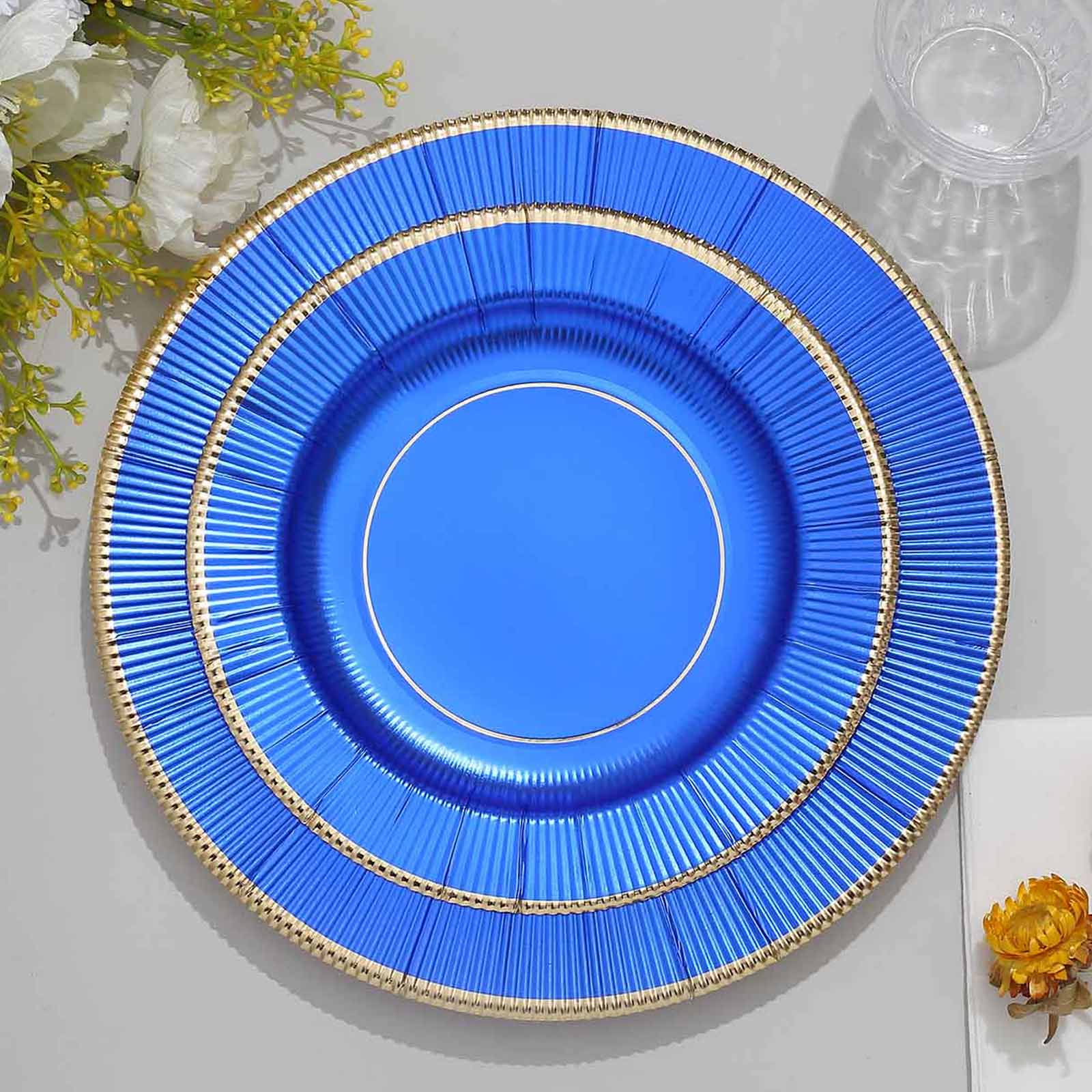 25-Pack Paper Round Dessert Plates 8" Royal Blue Sunray Design with Gold Rim - 350GSM Heavy Duty Disposable Appetizer Salad Plates - Image 6