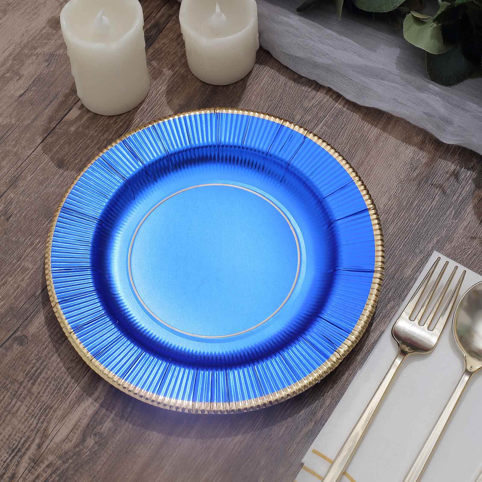 25-Pack Paper Round Dessert Plates 8" Royal Blue Sunray Design with Gold Rim - 350GSM Heavy Duty Disposable Appetizer Salad Plates - Image 8