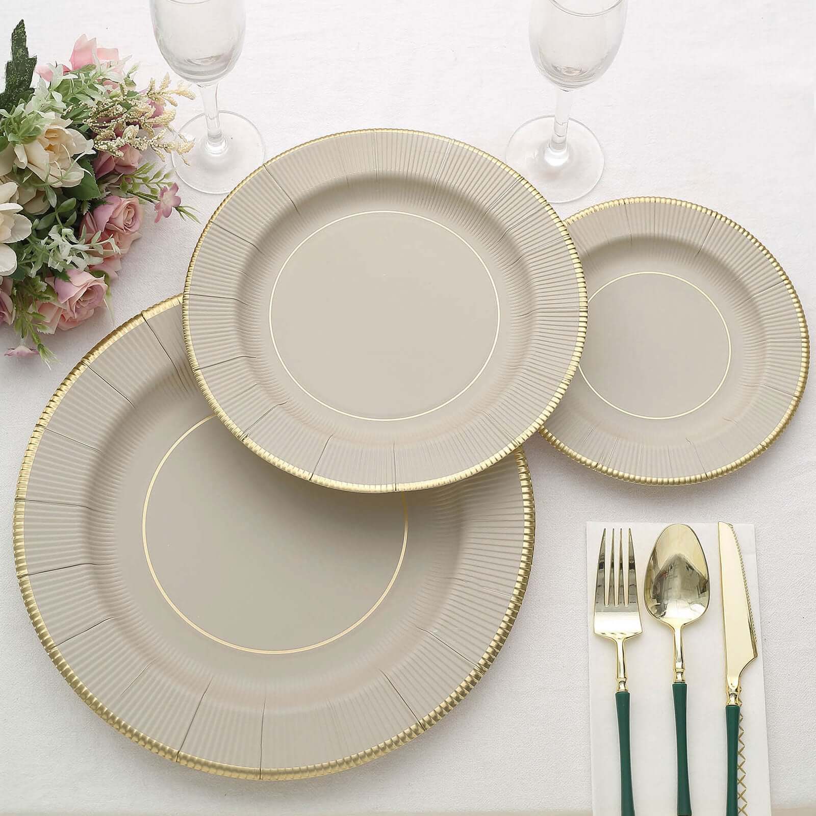 25-Pack Paper Round Dessert Plates 8" Taupe Sunray Design with Gold Rim - 350GSM Heavy Duty Disposable Appetizer Salad Plates - Image 2