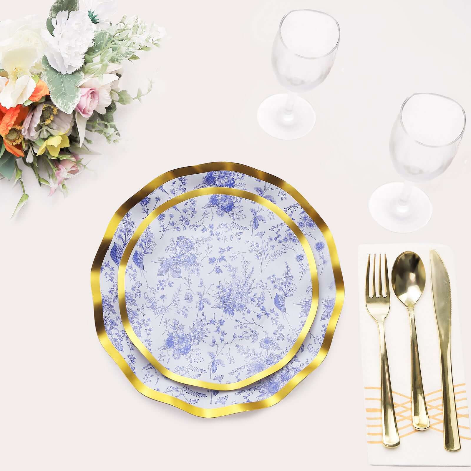 25-Pack Paper Round Dessert Plates 8" White Blue French Toile Floral Pattern with Gold Wavy Rim - 350GSM Disposable Salad Party Plates - Image 10