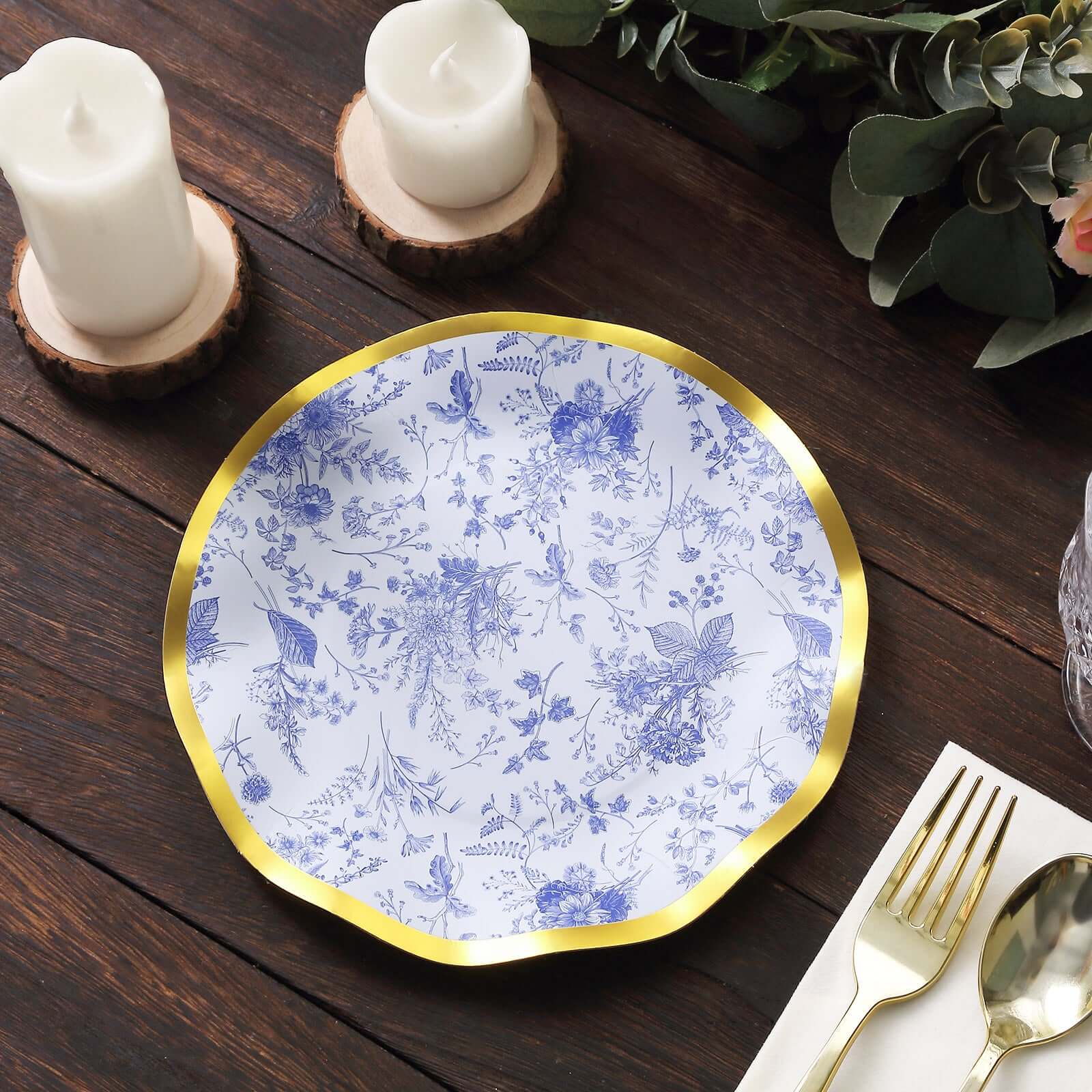 25-Pack Paper Round Dessert Plates 8" White Blue French Toile Floral Pattern with Gold Wavy Rim - 350GSM Disposable Salad Party Plates - Image 11