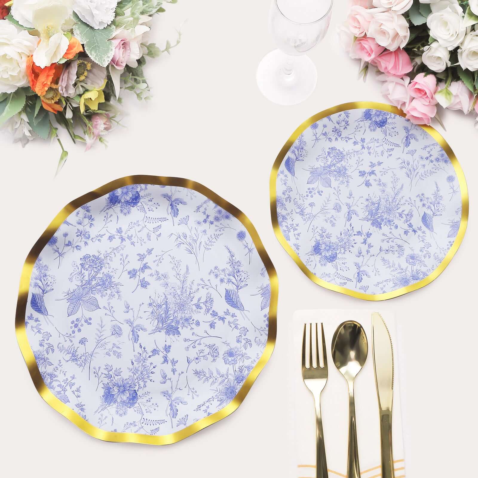 25-Pack Paper Round Dessert Plates 8" White Blue French Toile Floral Pattern with Gold Wavy Rim - 350GSM Disposable Salad Party Plates - Image 12