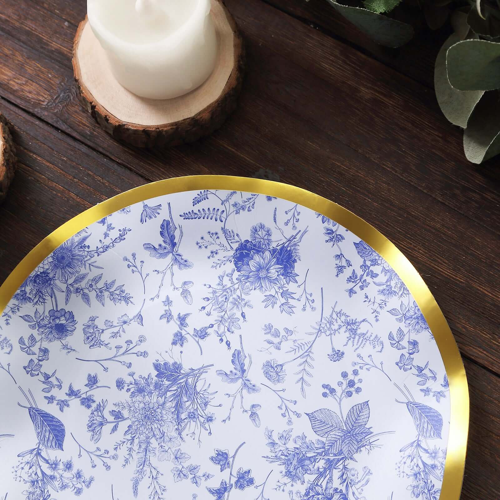 25-Pack Paper Round Dessert Plates 8" White Blue French Toile Floral Pattern with Gold Wavy Rim - 350GSM Disposable Salad Party Plates - Image 13