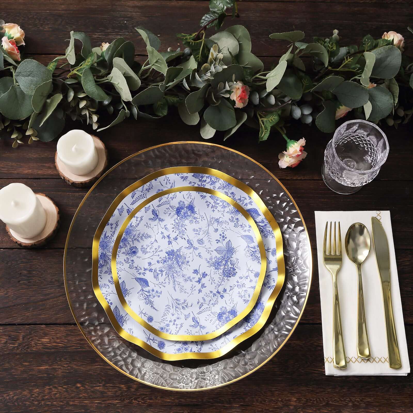 25-Pack Paper Round Dessert Plates 8" White Blue French Toile Floral Pattern with Gold Wavy Rim - 350GSM Disposable Salad Party Plates - Image 2