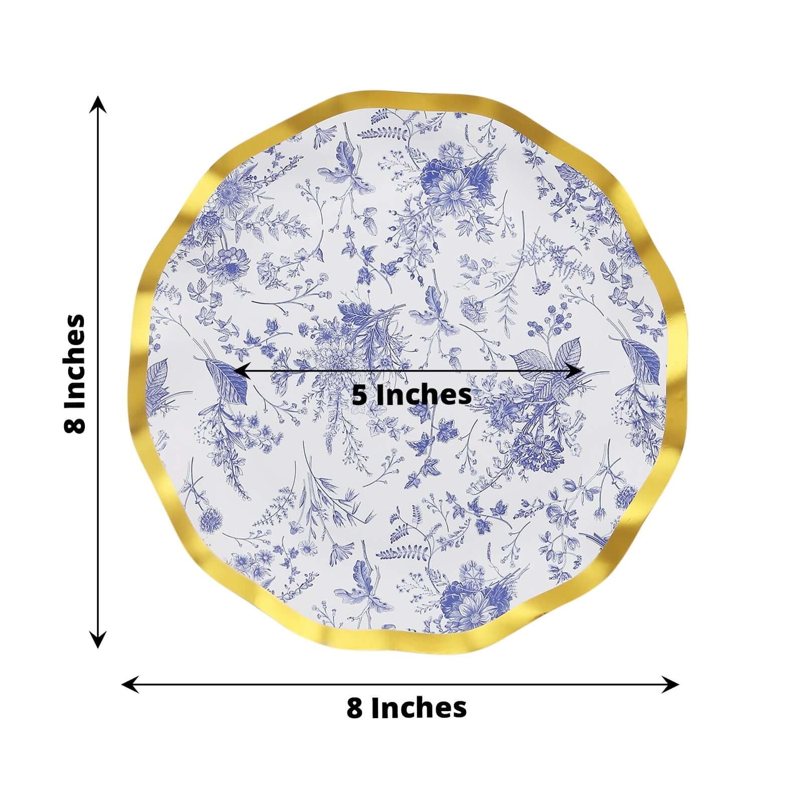 25-Pack Paper Round Dessert Plates 8" White Blue French Toile Floral Pattern with Gold Wavy Rim - 350GSM Disposable Salad Party Plates - Image 3