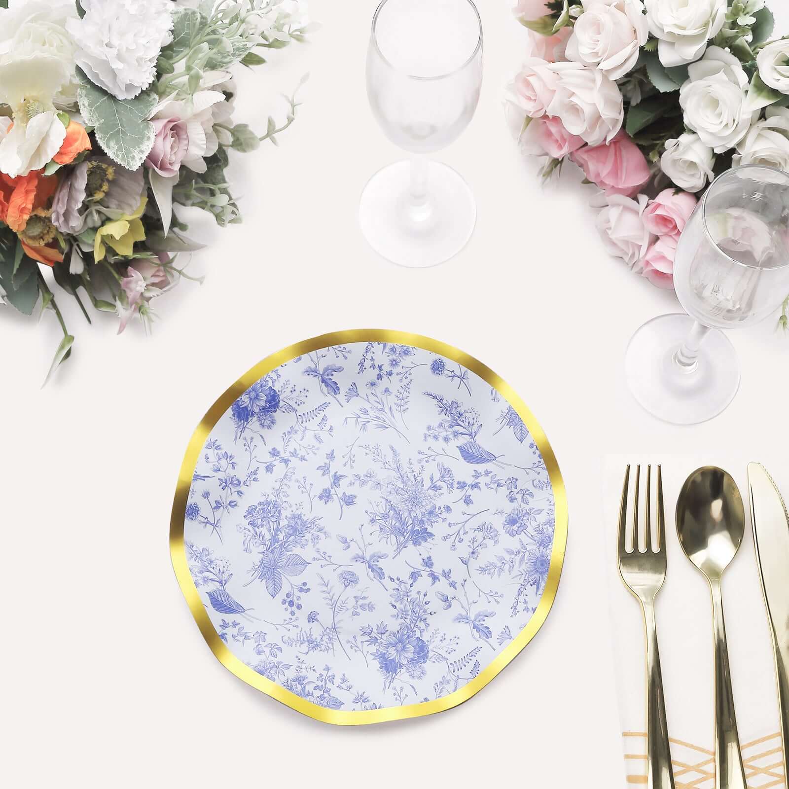 25-Pack Paper Round Dessert Plates 8" White Blue French Toile Floral Pattern with Gold Wavy Rim - 350GSM Disposable Salad Party Plates - Image 4