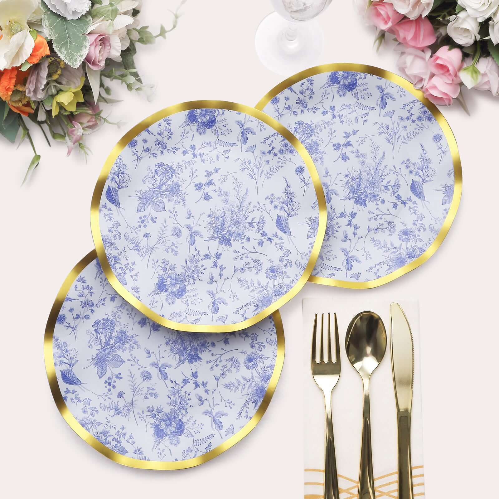 25-Pack Paper Round Dessert Plates 8" White Blue French Toile Floral Pattern with Gold Wavy Rim - 350GSM Disposable Salad Party Plates - Image 5