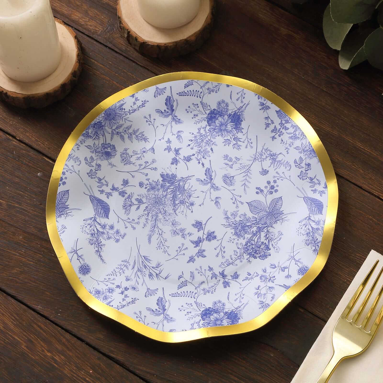 25-Pack Paper Round Dessert Plates 8" White Blue French Toile Floral Pattern with Gold Wavy Rim - 350GSM Disposable Salad Party Plates - Image 6