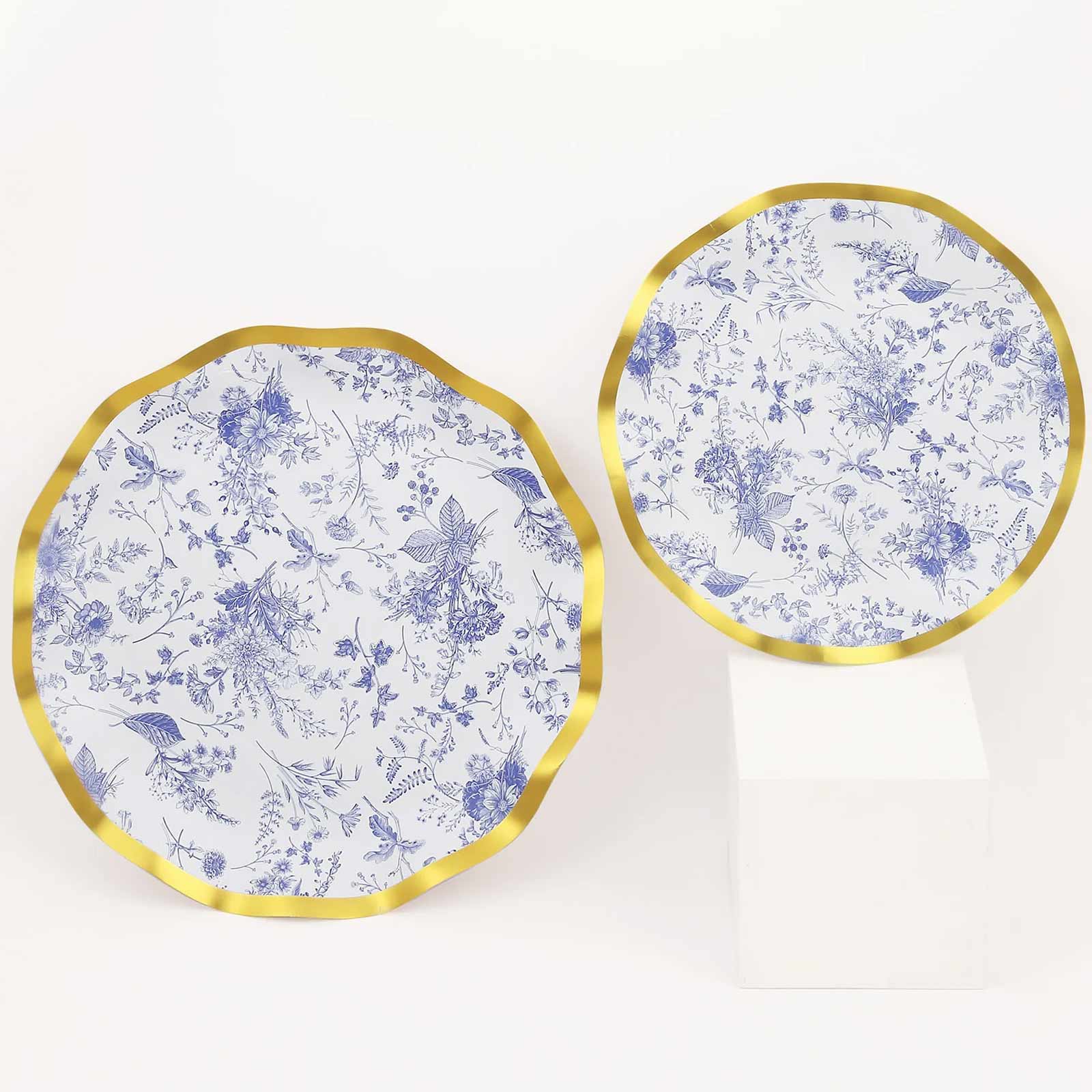 25-Pack Paper Round Dessert Plates 8" White Blue French Toile Floral Pattern with Gold Wavy Rim - 350GSM Disposable Salad Party Plates - Image 9