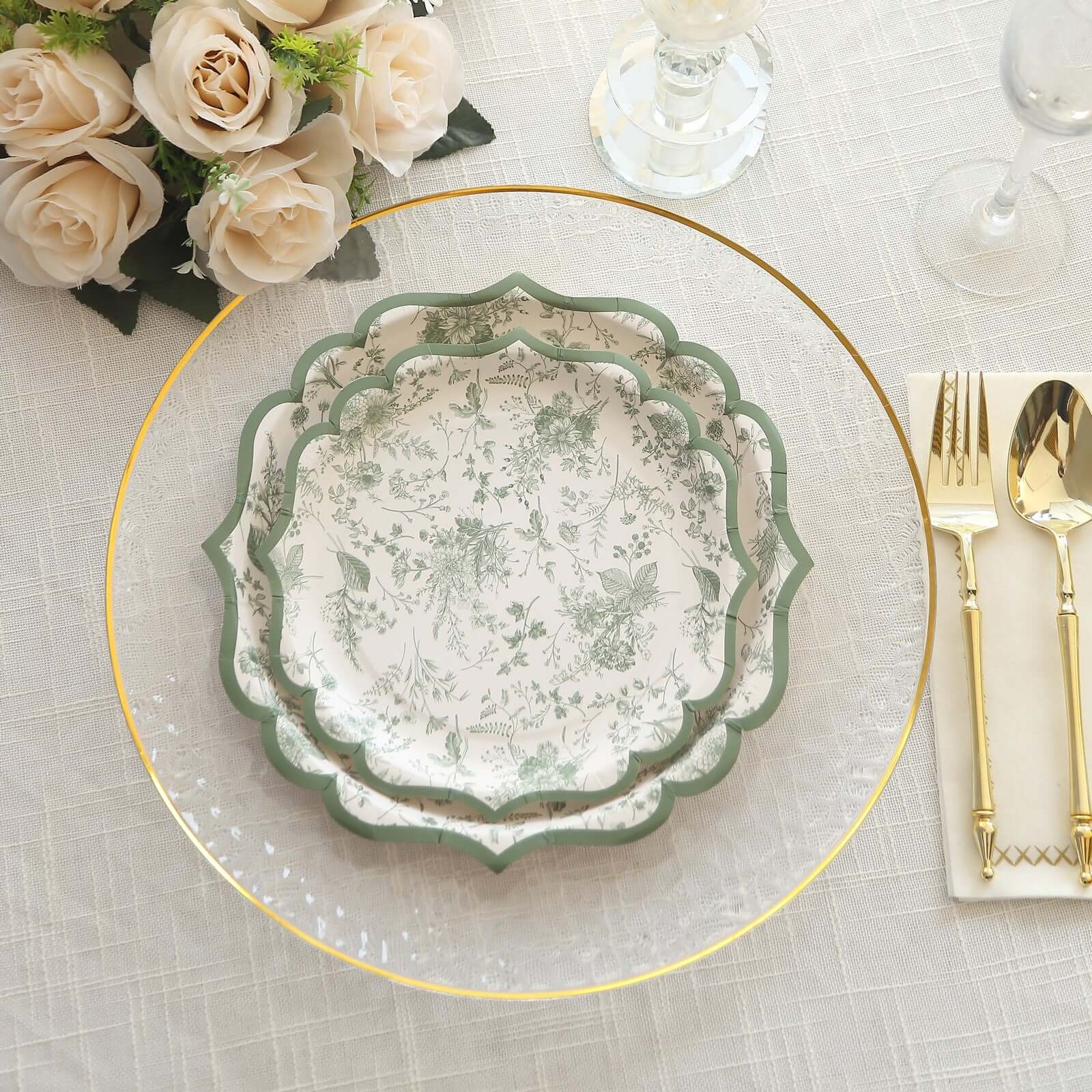 25-Pack Paper Round Dessert Plates 8" White with Sage Green French Toile Design & Scalloped Rim - 300GSM Disposable Salad Appetizer Plates for Chic Table Decor - Image 2
