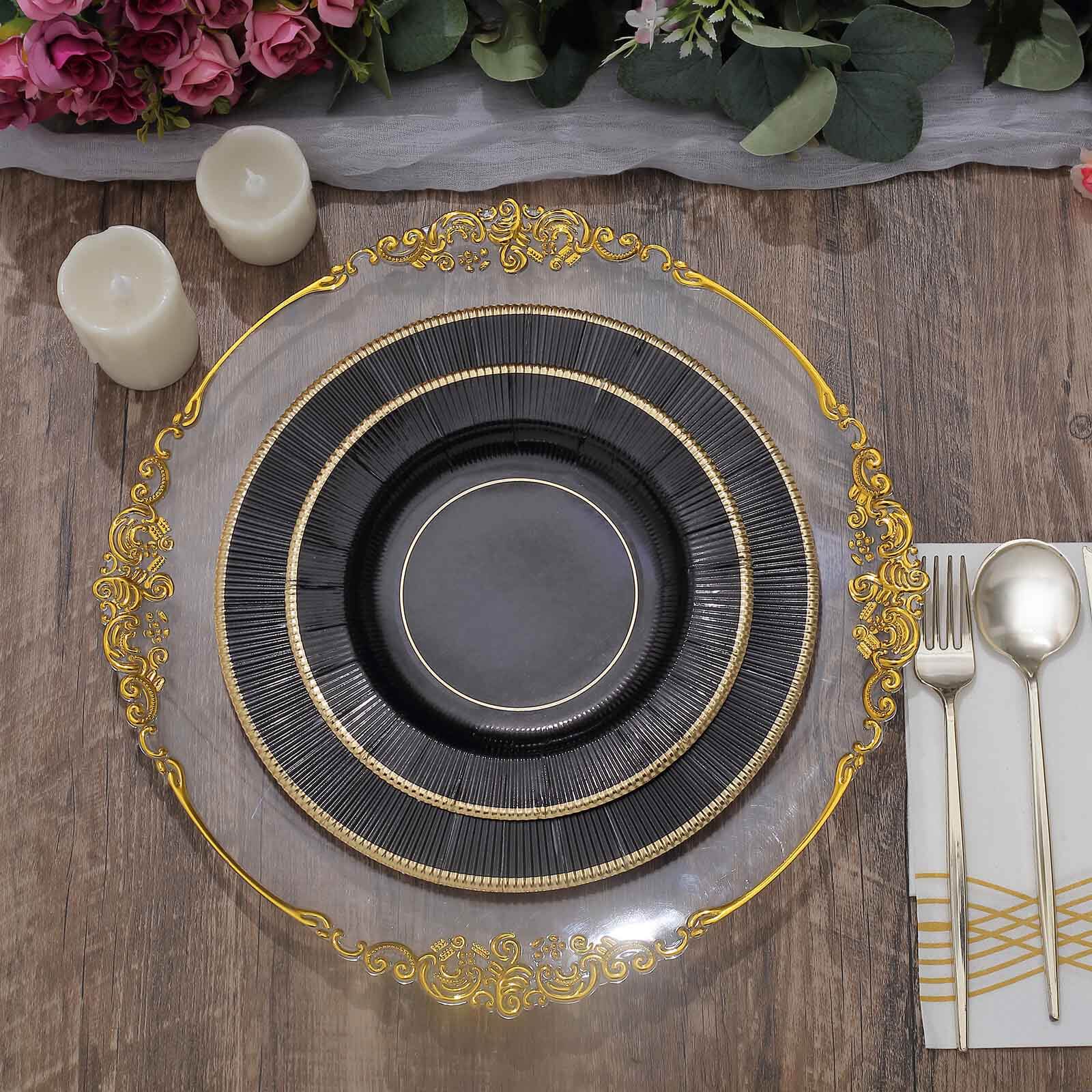25-Pack Paper Round Dinner Plates 10" Black Sunray Design with Gold Rim - 350GSM Heavy Duty Disposable Party Plates - Image 2