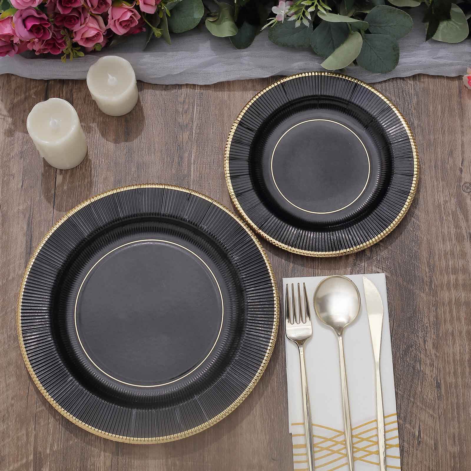 25-Pack Paper Round Dinner Plates 10" Black Sunray Design with Gold Rim - 350GSM Heavy Duty Disposable Party Plates - Image 8