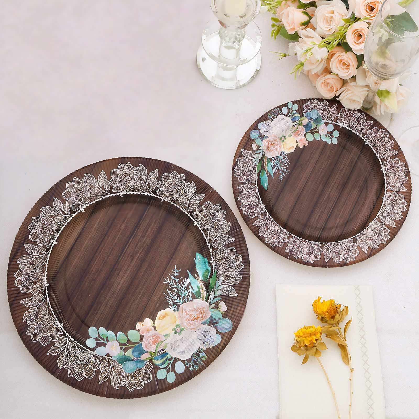 25-Pack Paper Round Dinner Plates 10" Brown Wood Print with Floral Lace Rim - Disposable Party Plates for Rustic Themes & Celebrations
