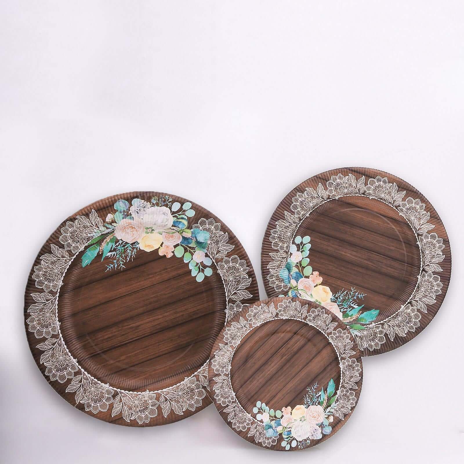 25-Pack Paper Round Dinner Plates 10" Brown Wood Print with Floral Lace Rim - Disposable Party Plates for Rustic Themes & Celebrations - Image 11