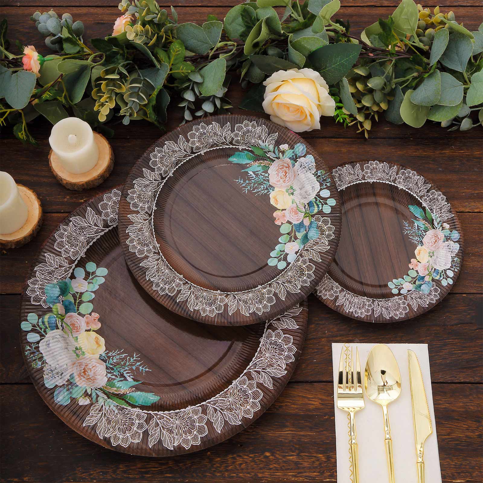 25-Pack Paper Round Dinner Plates 10" Brown Wood Print with Floral Lace Rim - Disposable Party Plates for Rustic Themes & Celebrations - Image 4