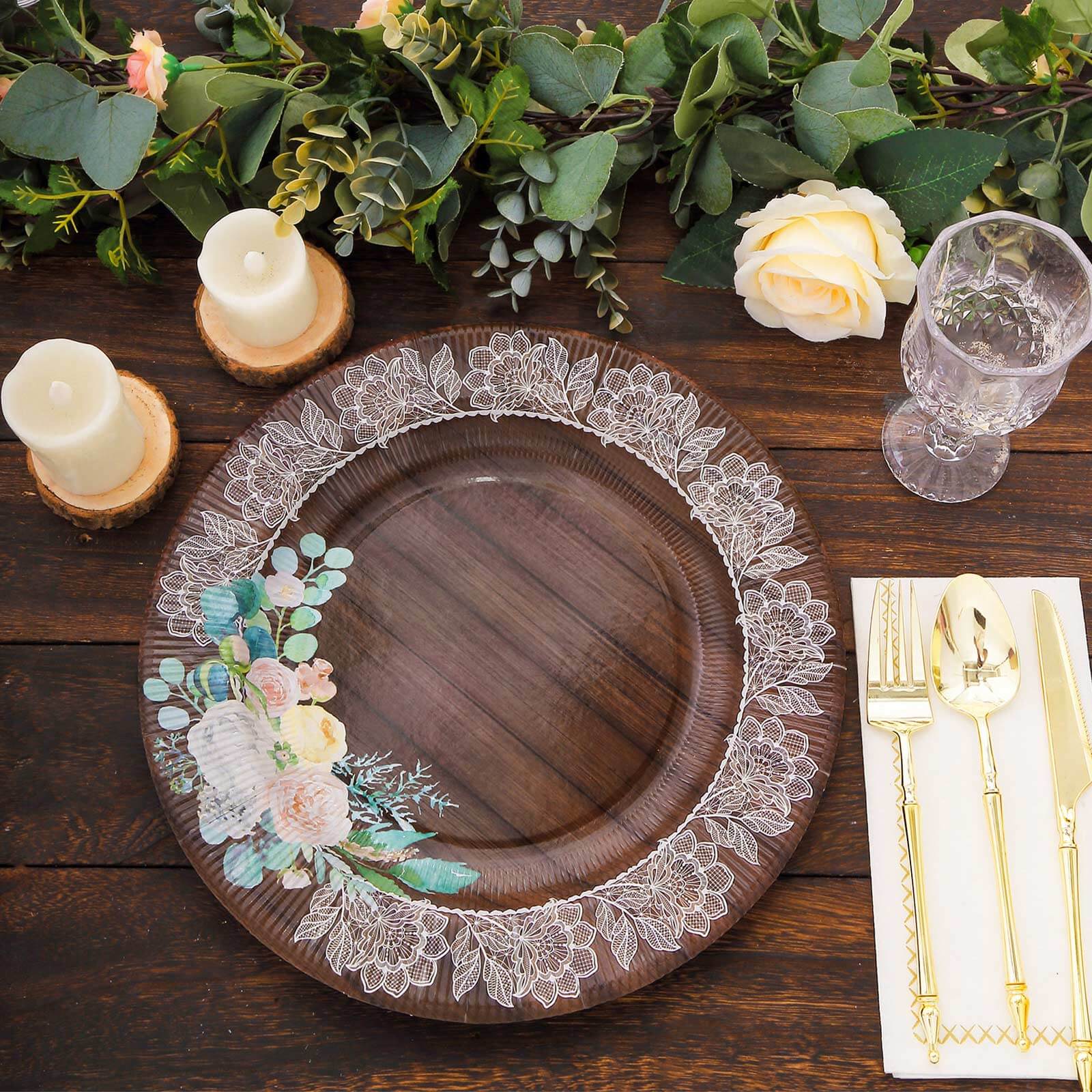 25-Pack Paper Round Dinner Plates 10" Brown Wood Print with Floral Lace Rim - Disposable Party Plates for Rustic Themes & Celebrations - Image 5