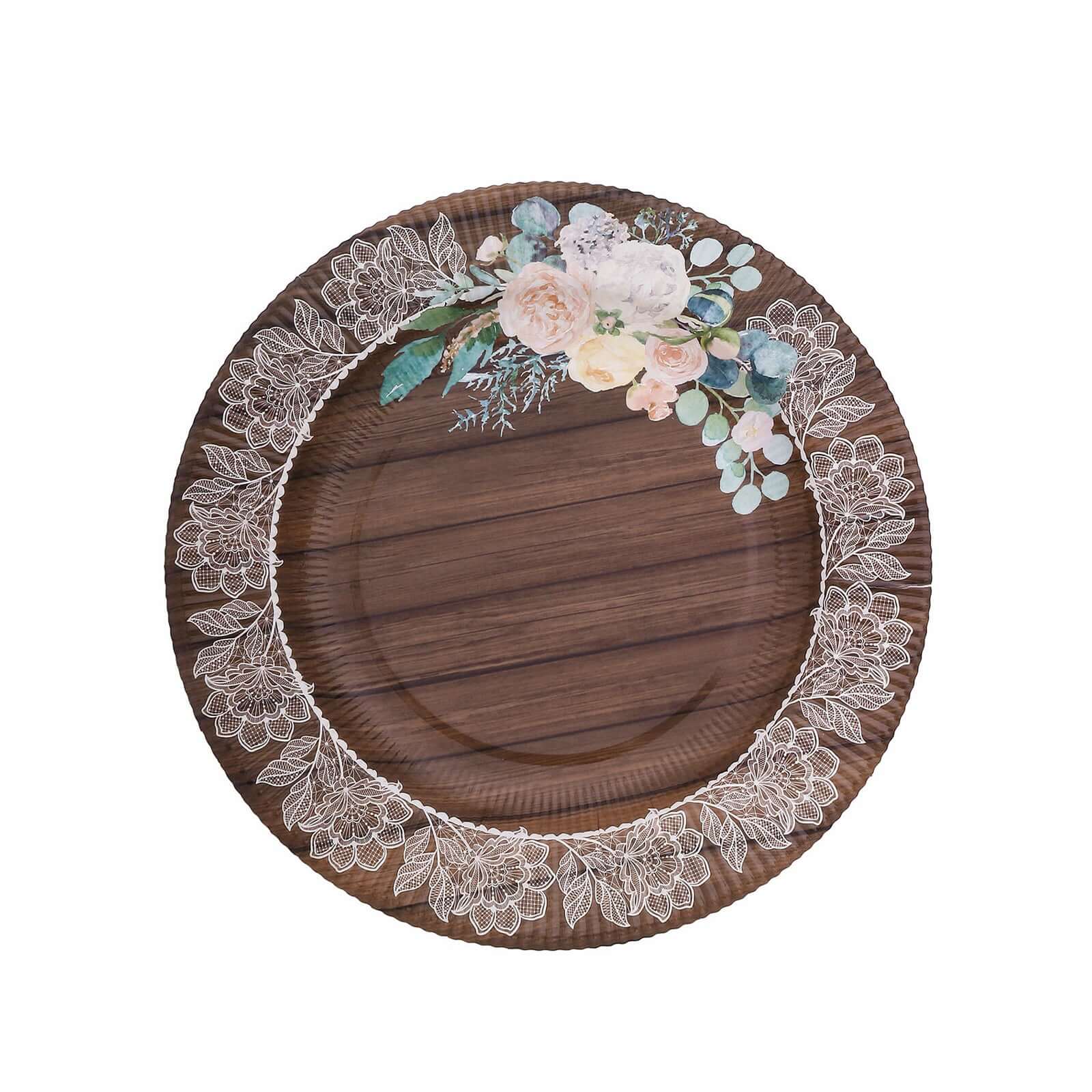 25-Pack Paper Round Dinner Plates 10" Brown Wood Print with Floral Lace Rim - Disposable Party Plates for Rustic Themes & Celebrations - Image 7