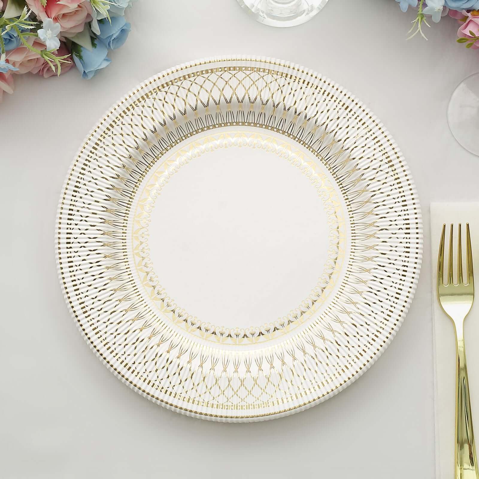 25-Pack Paper Round Dinner Plates 10" Gold And White Vintage Porcelain Style - 300GSM Heavy Duty Disposable Party Plates for Classy Themes & Celebrations