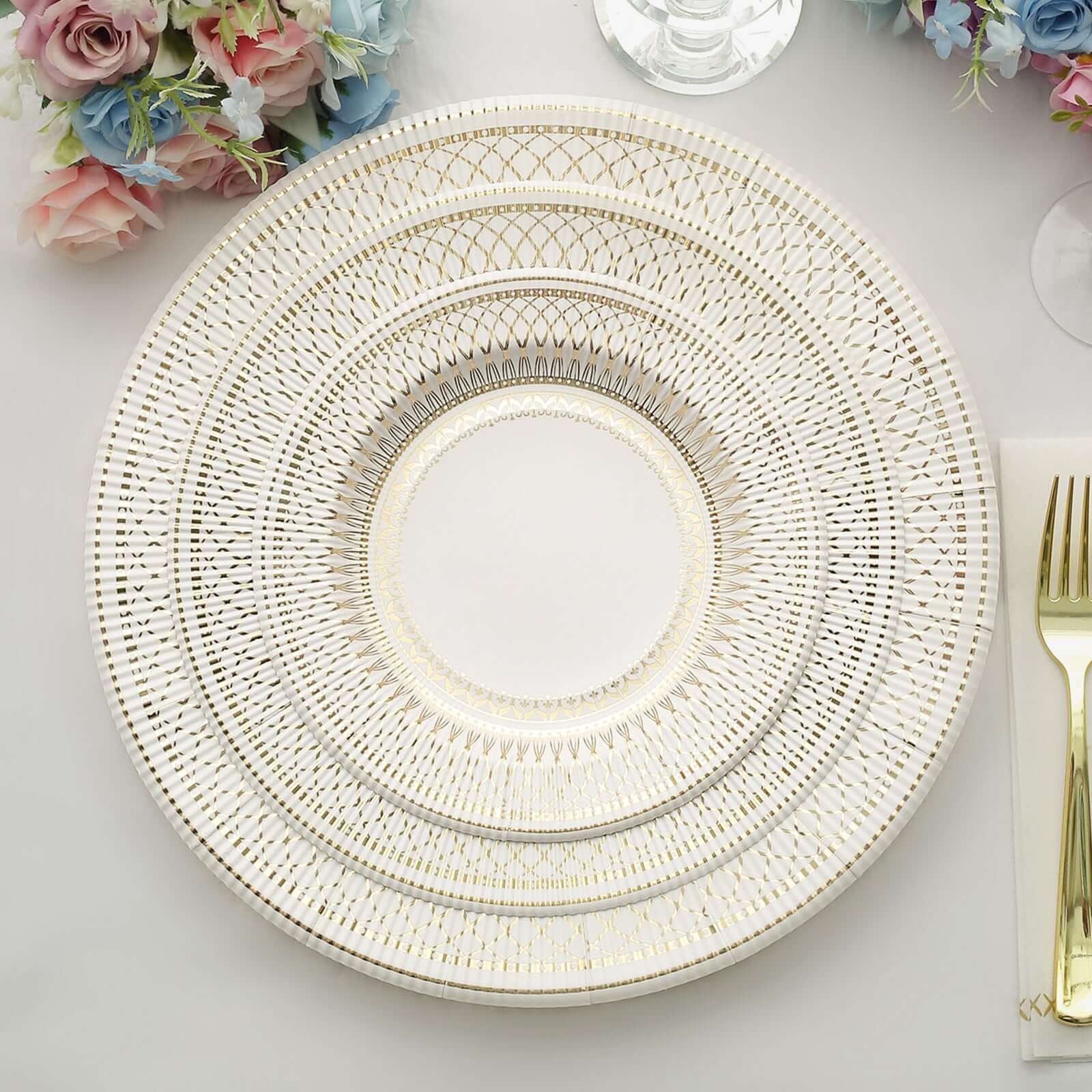 25-Pack Paper Round Dinner Plates 10" Gold And White Vintage Porcelain Style - 300GSM Heavy Duty Disposable Party Plates for Classy Themes & Celebrations - Image 2