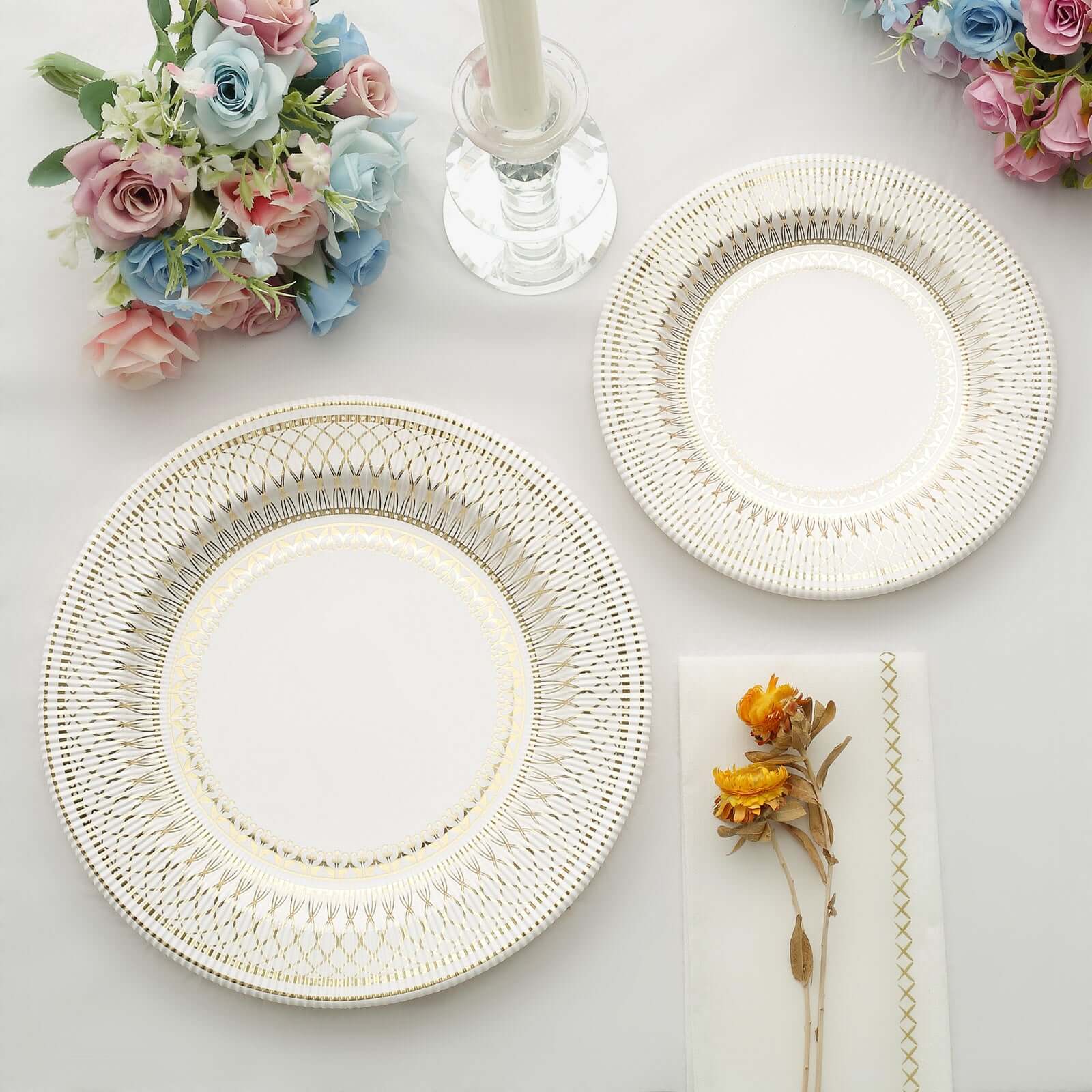 25-Pack Paper Round Dinner Plates 10" Gold And White Vintage Porcelain Style - 300GSM Heavy Duty Disposable Party Plates for Classy Themes & Celebrations - Image 9