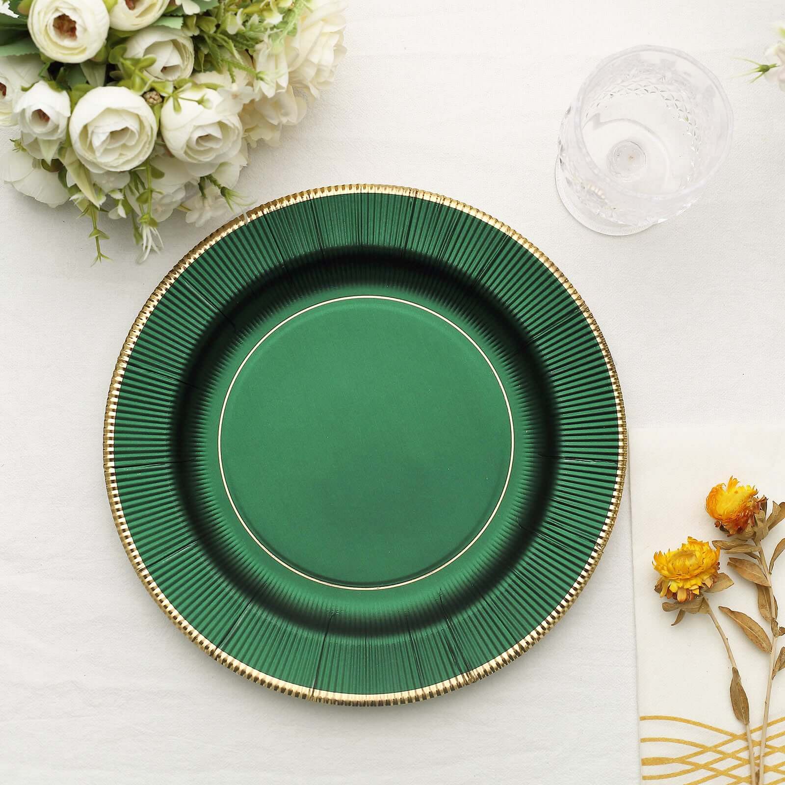 25-Pack Paper Round Dinner Plates 10" Hunter Emerald Green Sunray Design with Gold Rim - 350GSM Heavy Duty Disposable Party Plates - Image 11
