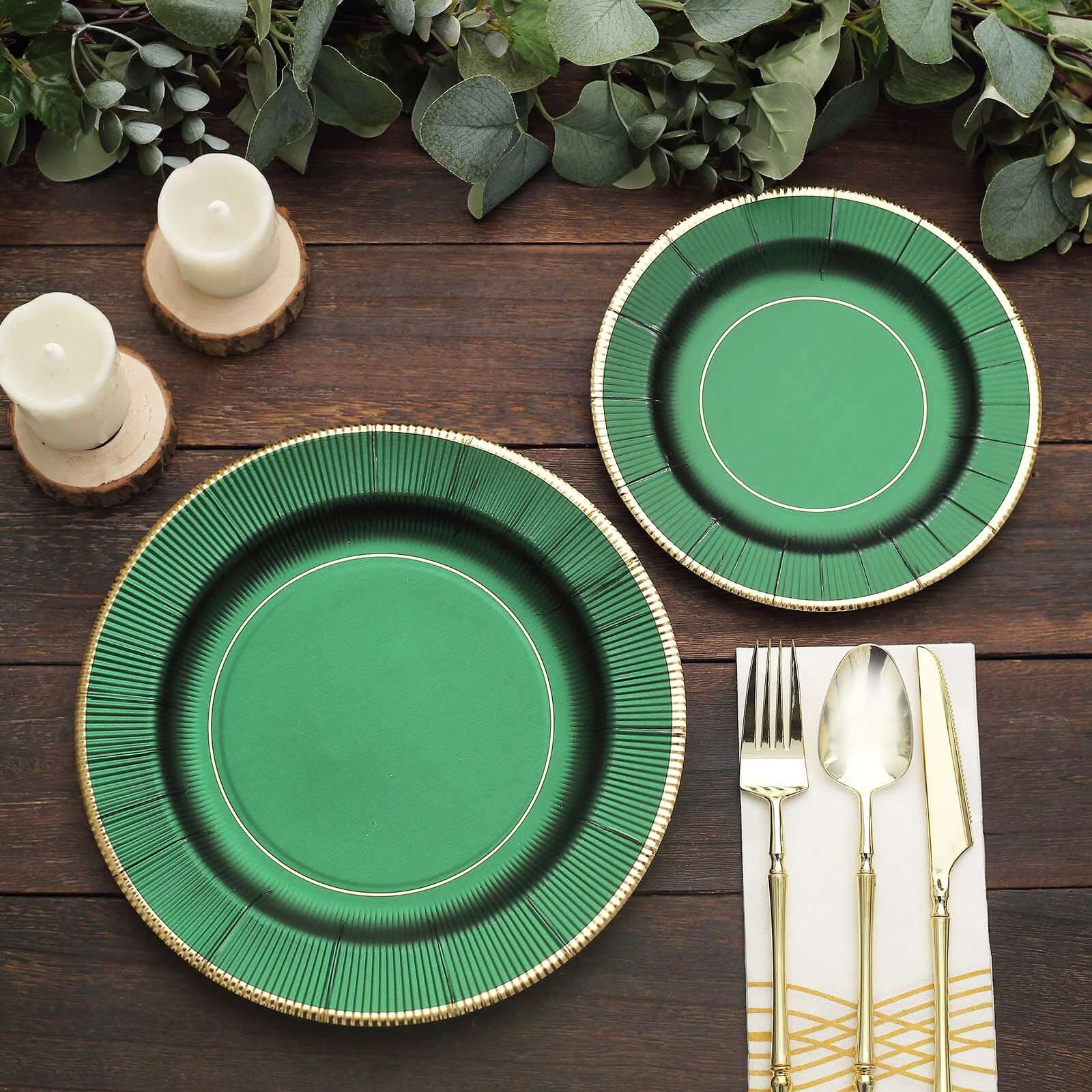 25-Pack Paper Round Dinner Plates 10" Hunter Emerald Green Sunray Design with Gold Rim - 350GSM Heavy Duty Disposable Party Plates - Image 12