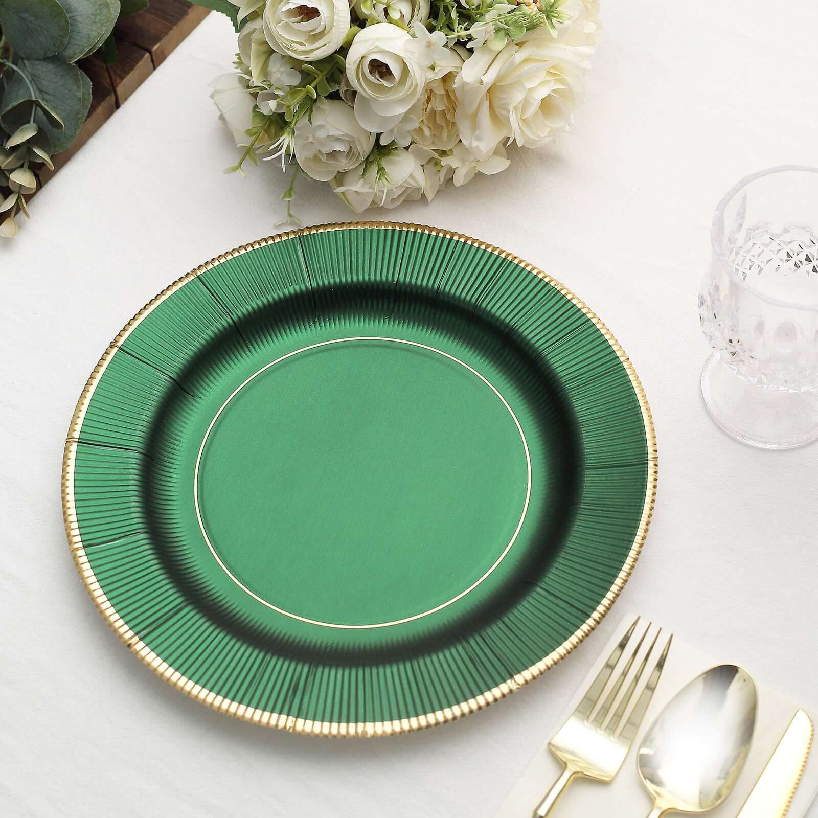 25-Pack Paper Round Dinner Plates 10" Hunter Emerald Green Sunray Design with Gold Rim - 350GSM Heavy Duty Disposable Party Plates - Image 13