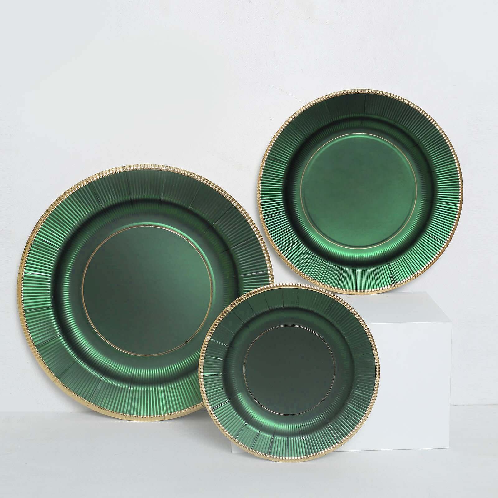 25-Pack Paper Round Dinner Plates 10" Hunter Emerald Green Sunray Design with Gold Rim - 350GSM Heavy Duty Disposable Party Plates - Image 14