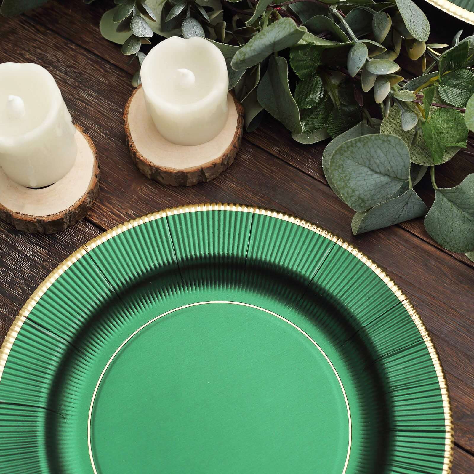 25-Pack Paper Round Dinner Plates 10" Hunter Emerald Green Sunray Design with Gold Rim - 350GSM Heavy Duty Disposable Party Plates - Image 15