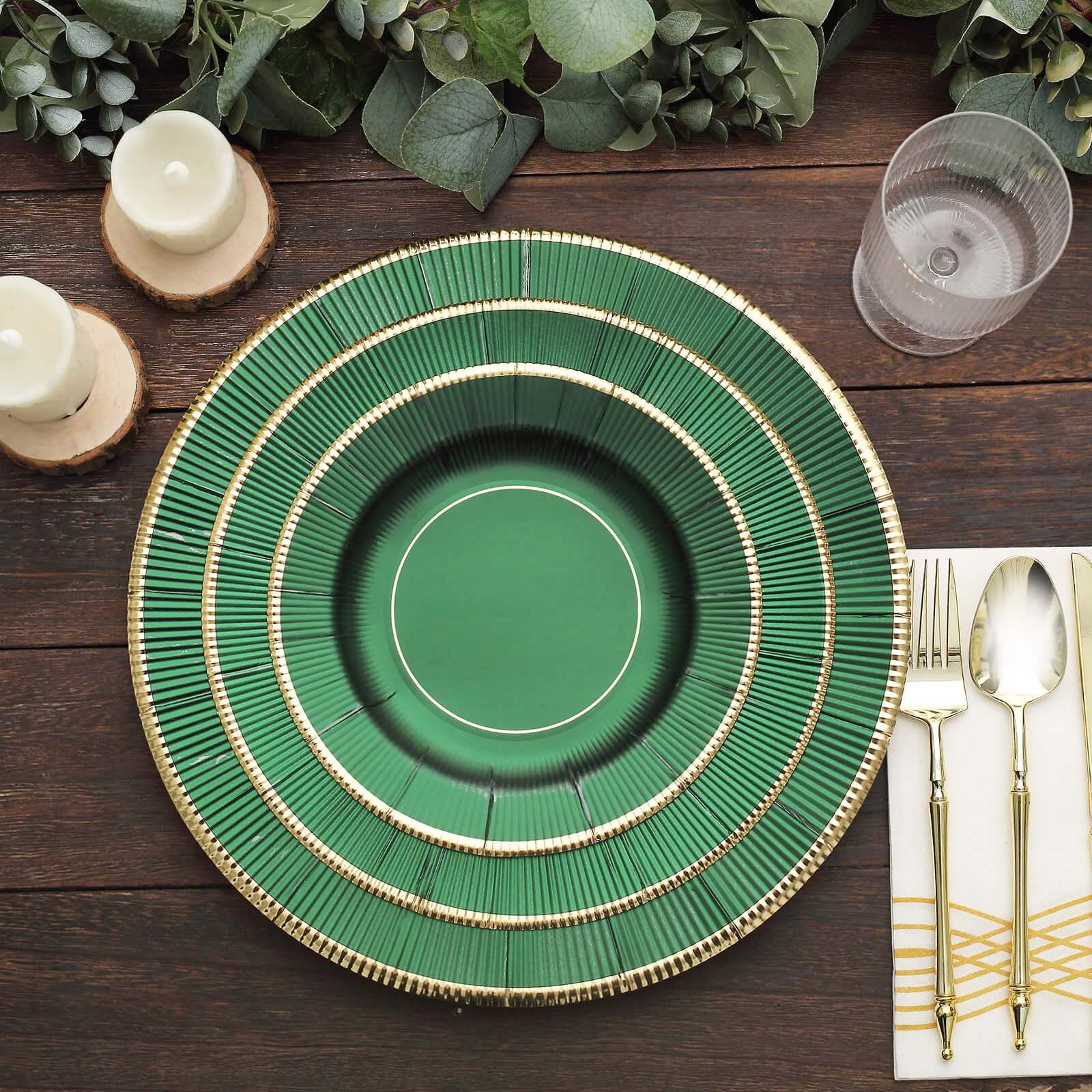 25-Pack Paper Round Dinner Plates 10" Hunter Emerald Green Sunray Design with Gold Rim - 350GSM Heavy Duty Disposable Party Plates - Image 2