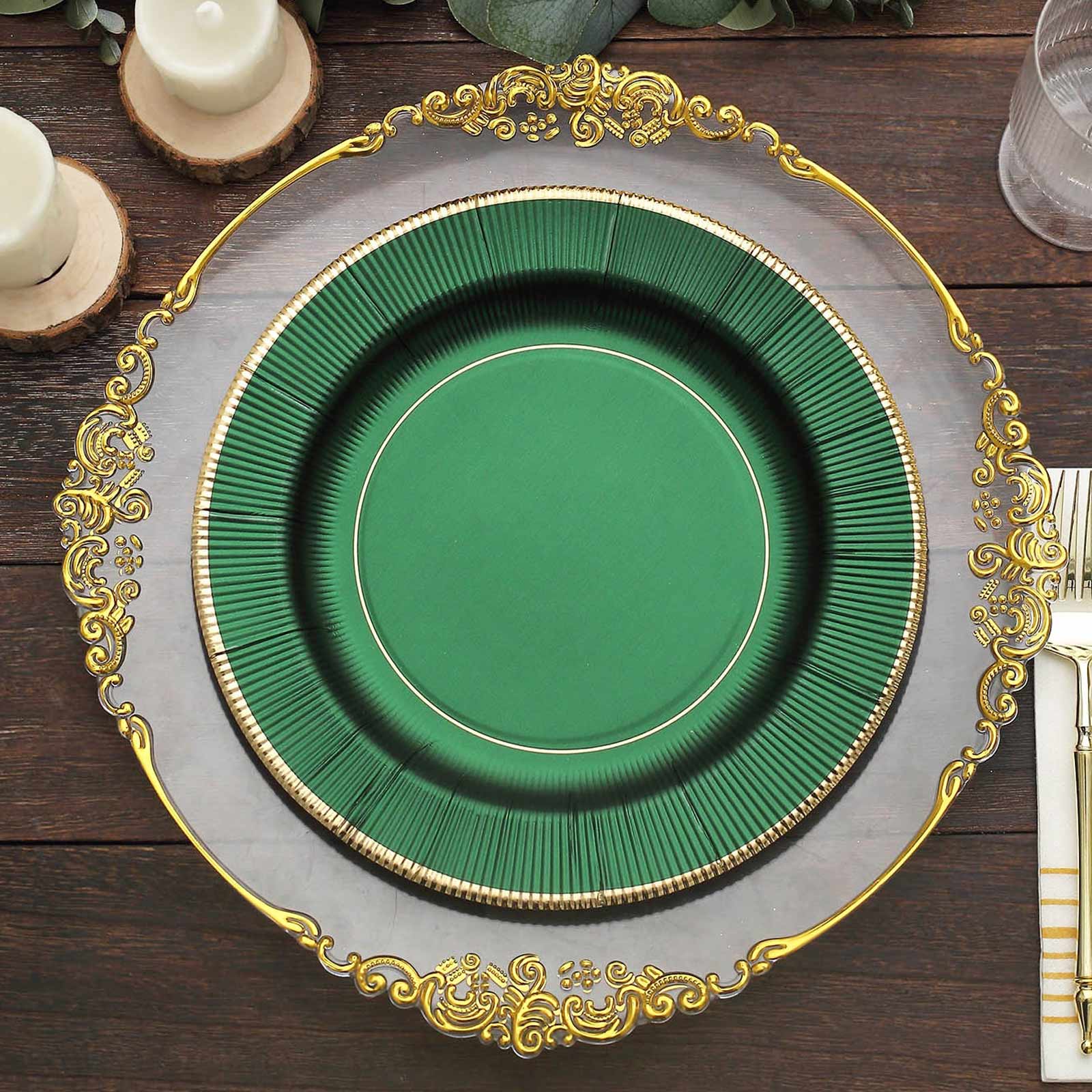 25-Pack Paper Round Dinner Plates 10" Hunter Emerald Green Sunray Design with Gold Rim - 350GSM Heavy Duty Disposable Party Plates - Image 6