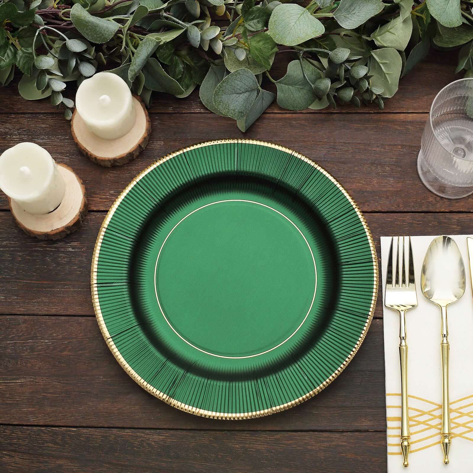 25-Pack Paper Round Dinner Plates 10" Hunter Emerald Green Sunray Design with Gold Rim - 350GSM Heavy Duty Disposable Party Plates - Image 8