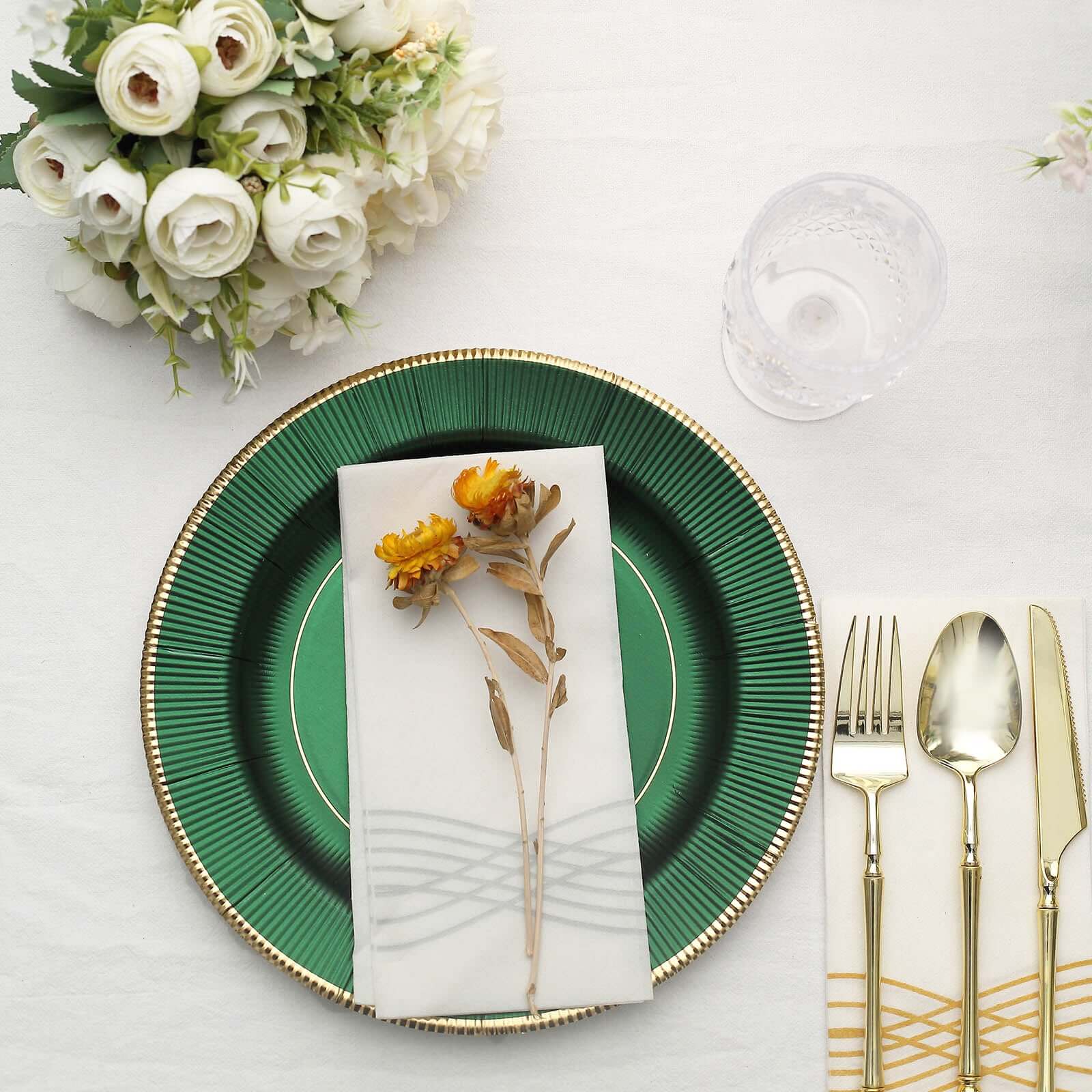 25-Pack Paper Round Dinner Plates 10" Hunter Emerald Green Sunray Design with Gold Rim - 350GSM Heavy Duty Disposable Party Plates - Image 9